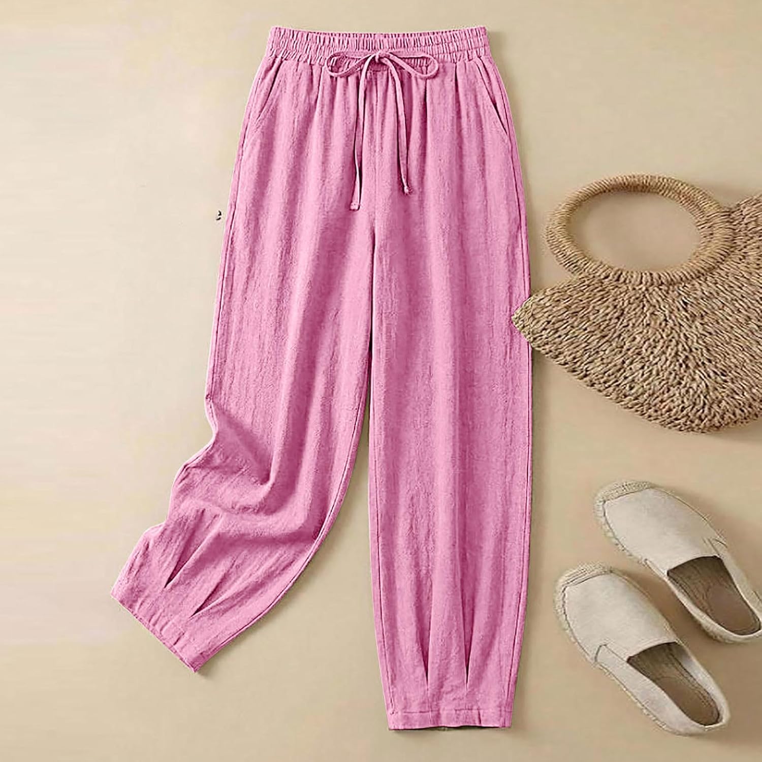 Womens Cotton Linen Wide Leg Pants High Waisted Palazzo with Pockets Summer Drawstring Trousers Beach Travel Work