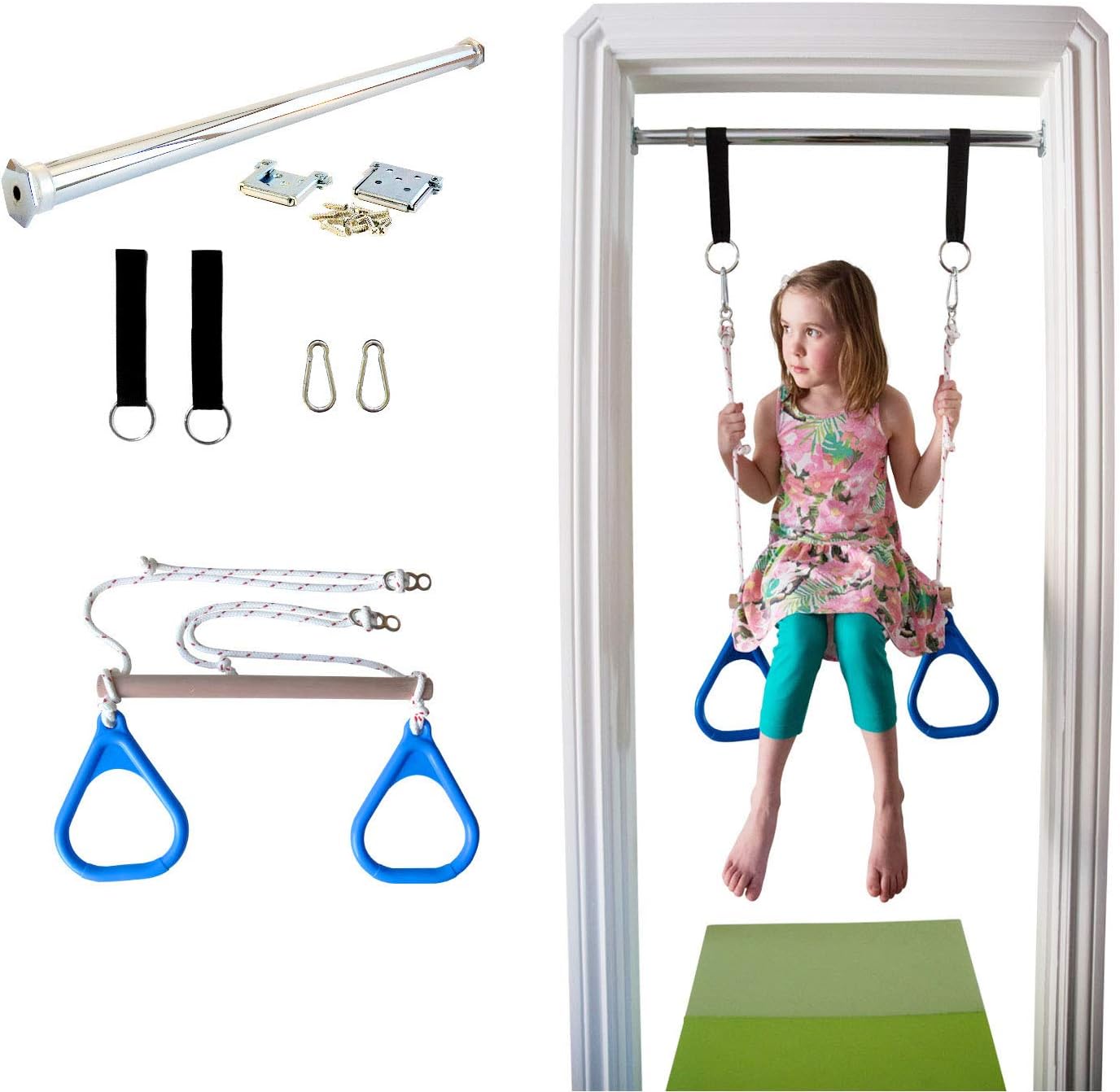 DreamGYM Doorway Swing for Kids Indoor - Trapeze Bar and Blue Gymnastic Rings Combo