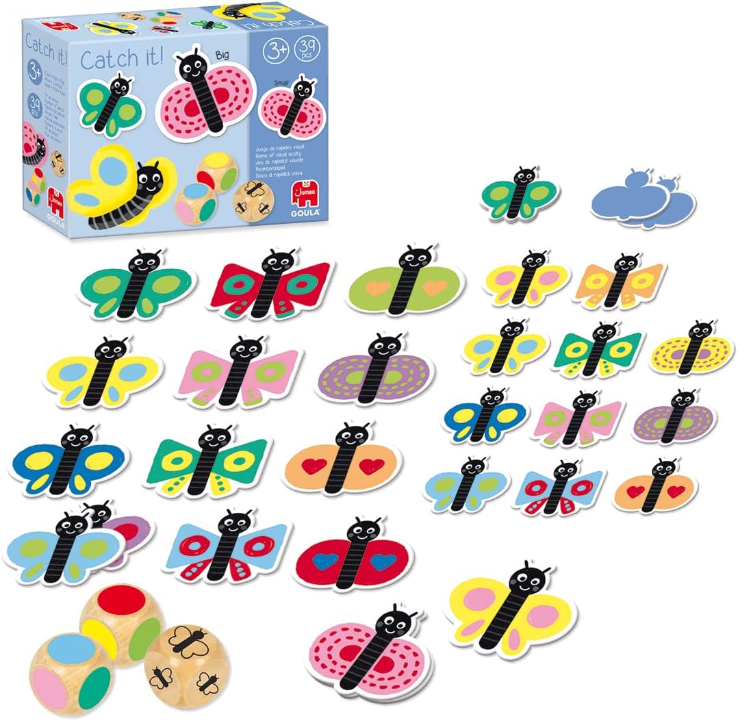GOULA Catch it! Butterfly game components: 3 wooden dice and 36 cardboard butterfly chips