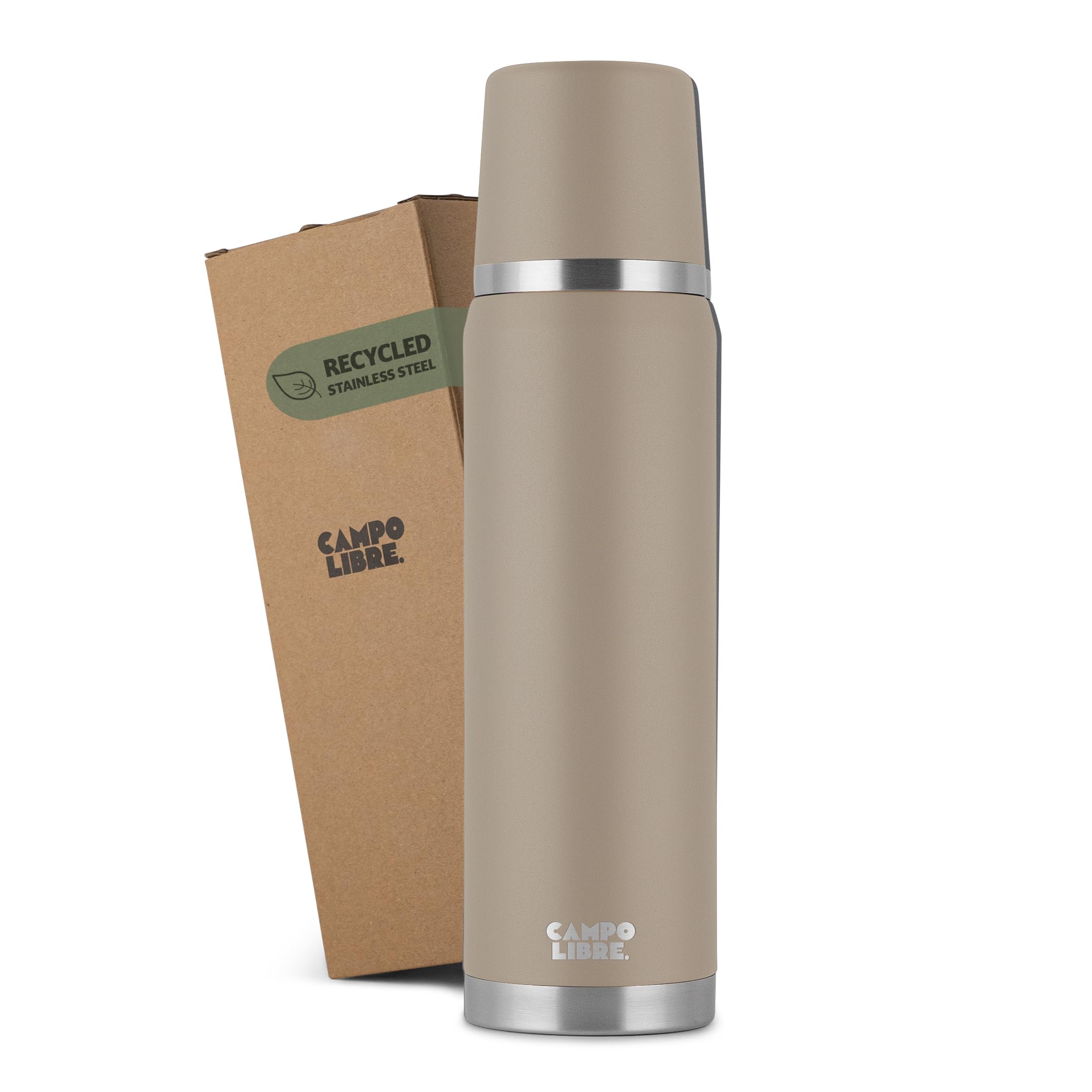 Campo Libre. ® Jaco Thermo Flask, Double Wall Insulated Bottles, Keeps Drinks Hot > 24h, BPA Free, 100% Leakproof, Eco RecycledStainless Steel Flask for Hot Drinks in 1l