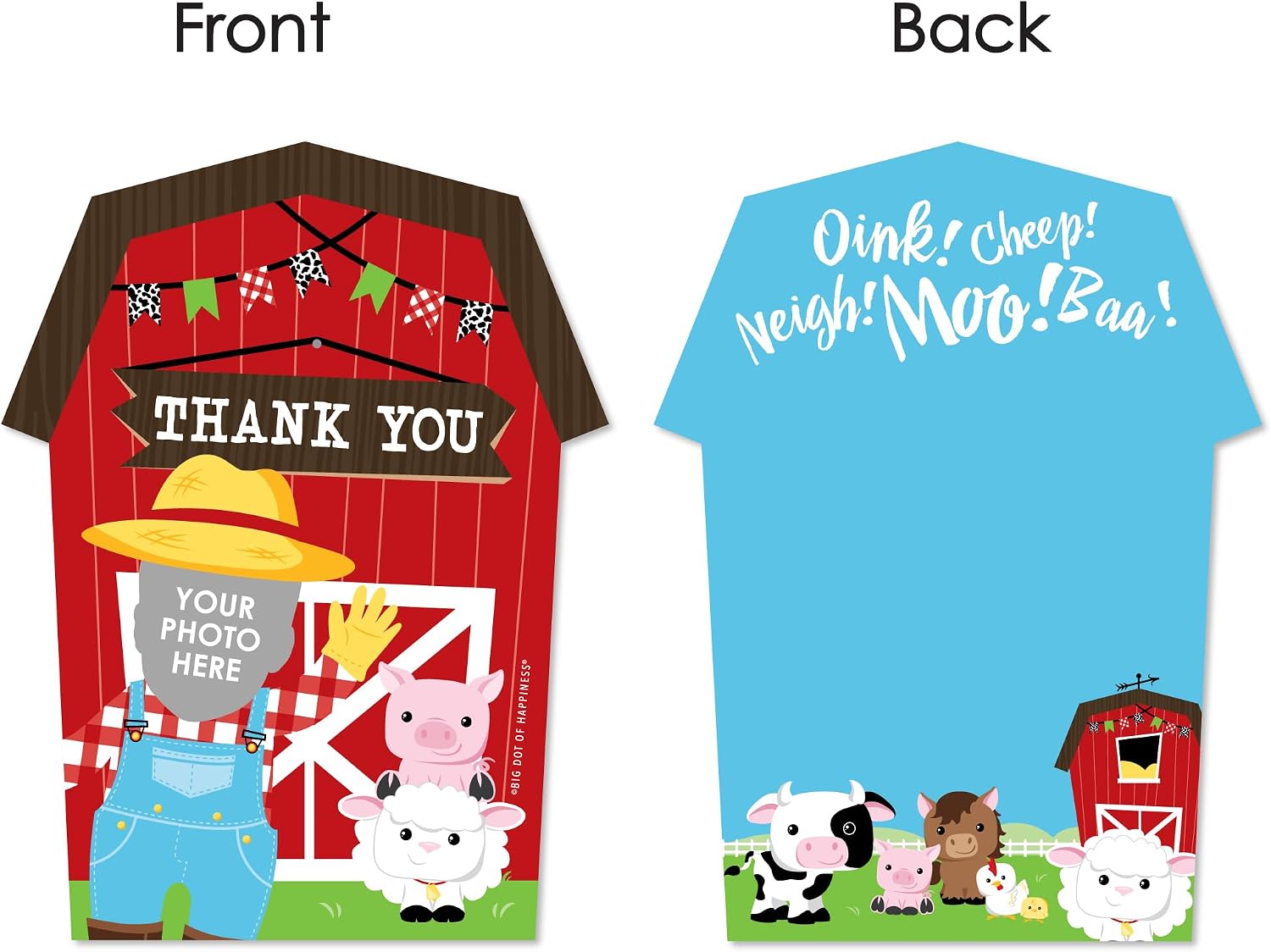 Big Dot of Happiness Custom Photo Farm Animals - Fun Face Shaped Thank You Cards with Envelopes - Set of 12