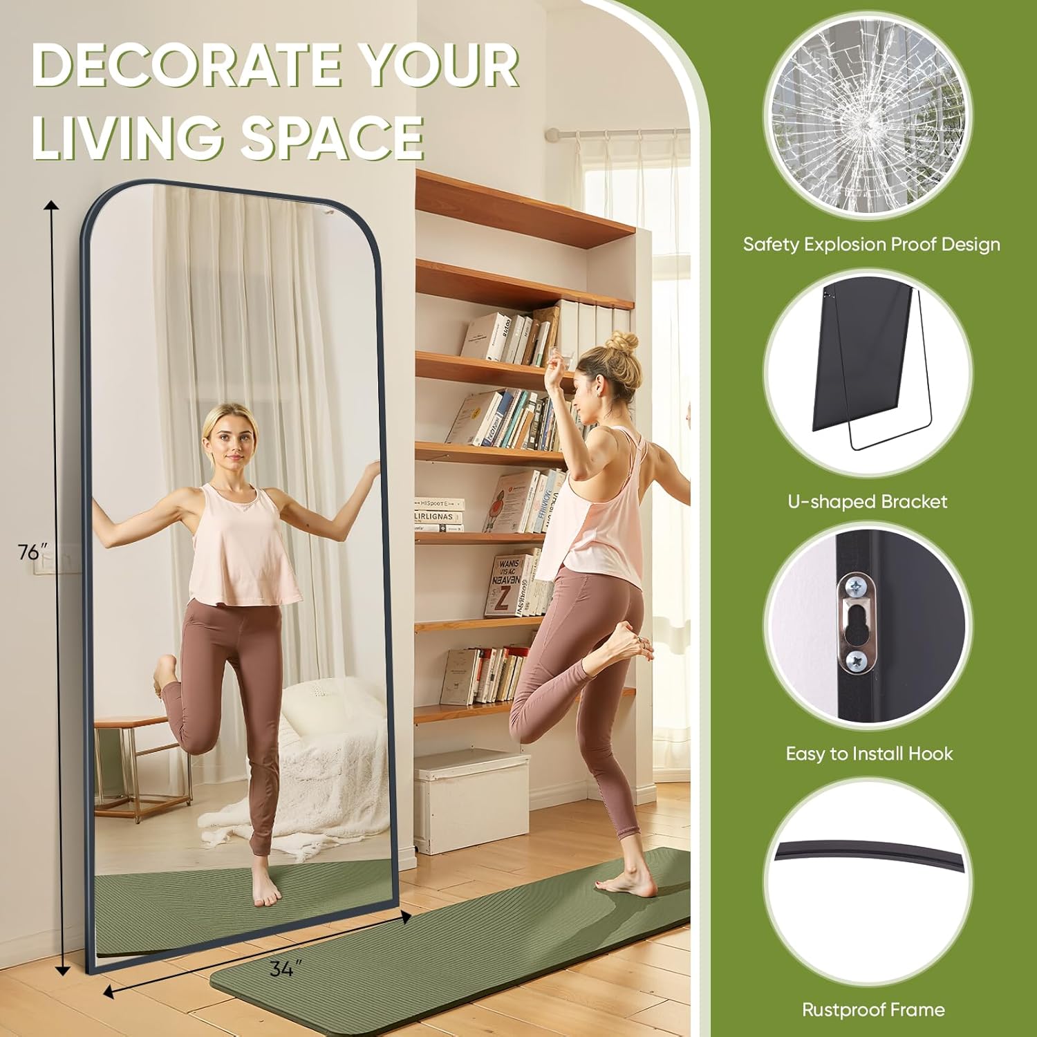 Full Length Mirror with Stand 76"x34" Floor Mirror Freestanding, Arched Floor Standing Large Mirrors Full Body Wall Hanging Leaning Home Decor for Bedroom & Living Room, Black
