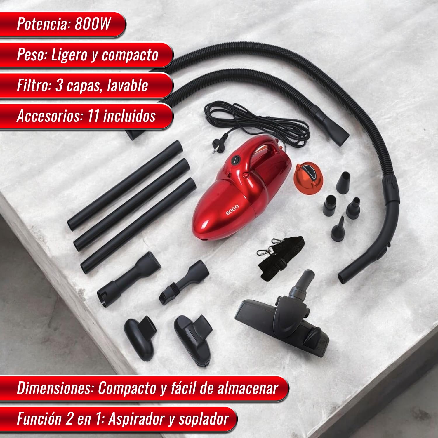 SOGO Mini Aspirador de Mano Potente con 800W – Aspirador y Soplador de Mano para Barrer Hojas – Aspirador de Mano con 3 Capas de Filtros – Aspirador Coche Potente con 11 Accesorios