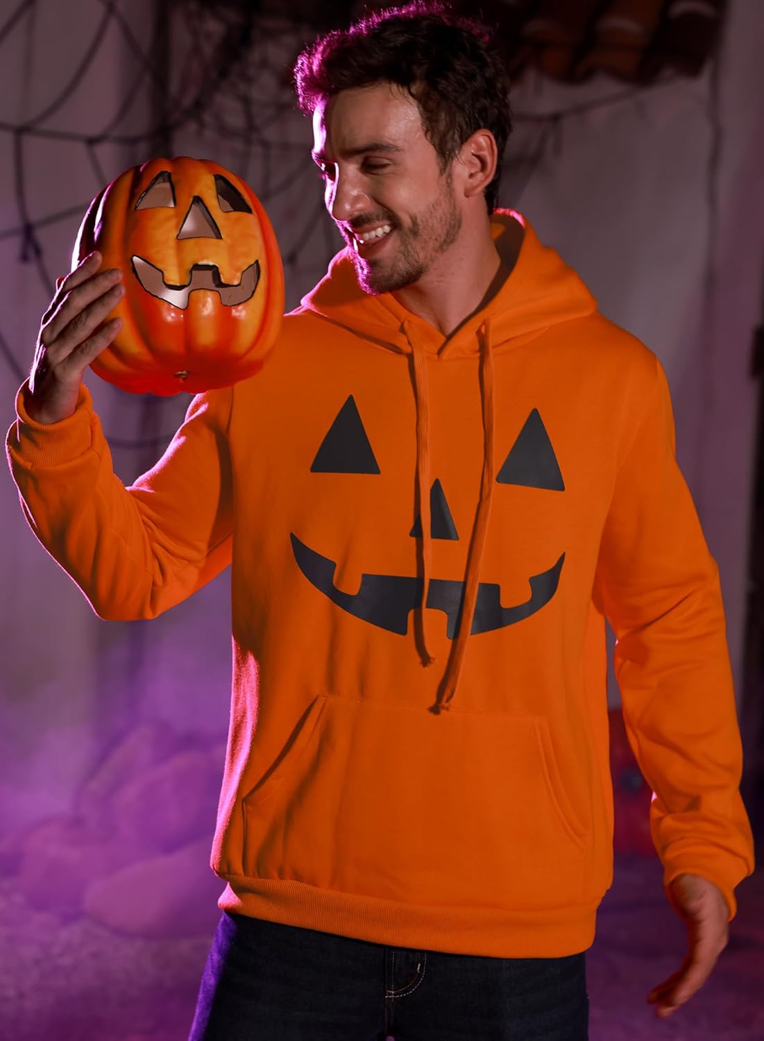 Arvilhill Men Halloween Pumpkin Hoodies Jack O' Lantern Costume With Drawstring Daily Long Sleeve Pullover Orange L - Image 5