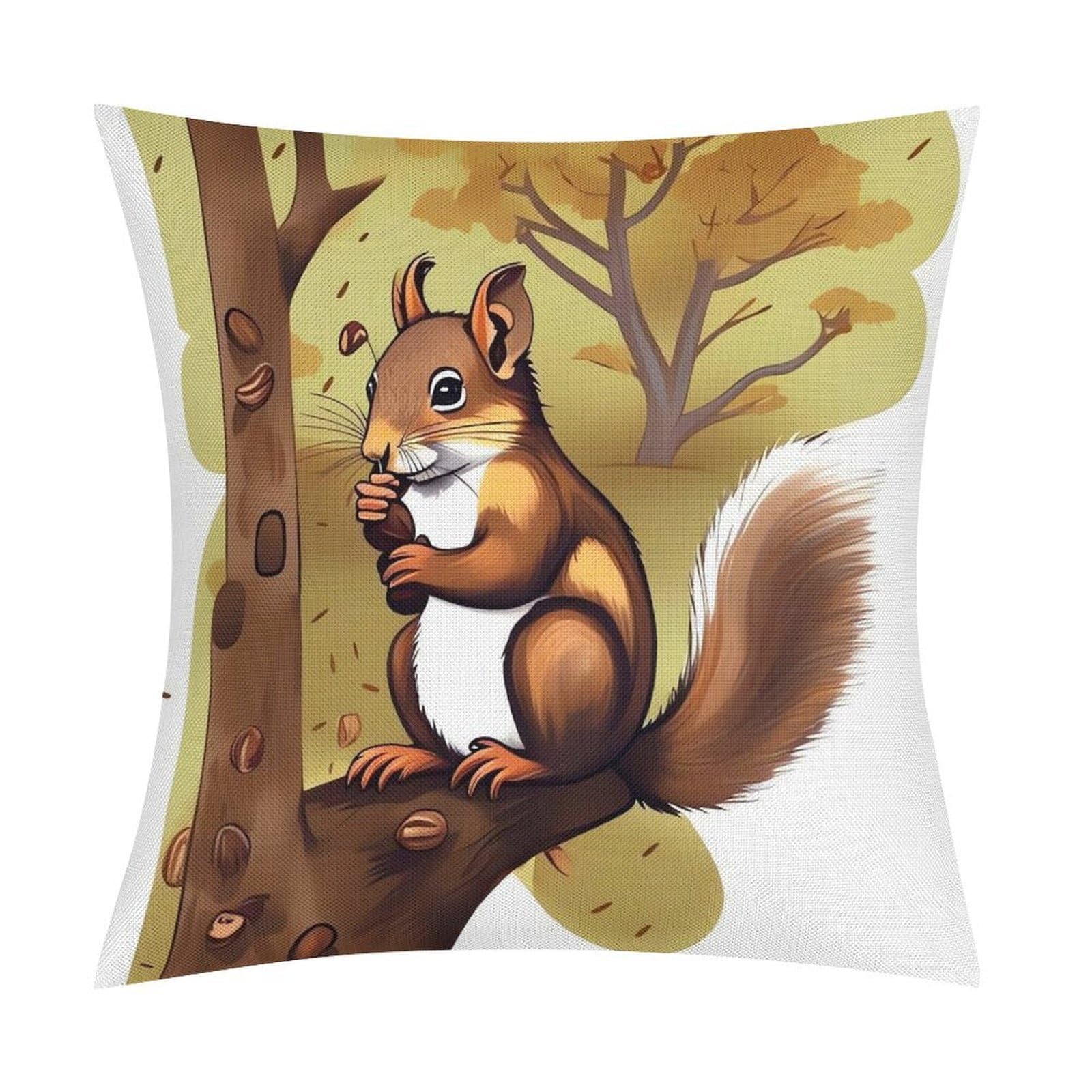 LZQPOEAS Nut-Eating Squirrel Throw Pillow Covers, Waterproof Faux Linen Pillow Cases with Invisible Zipper, Decorative Square Cushion Covers for Sofa Couch Living Room Bedroom 18x18 Inch