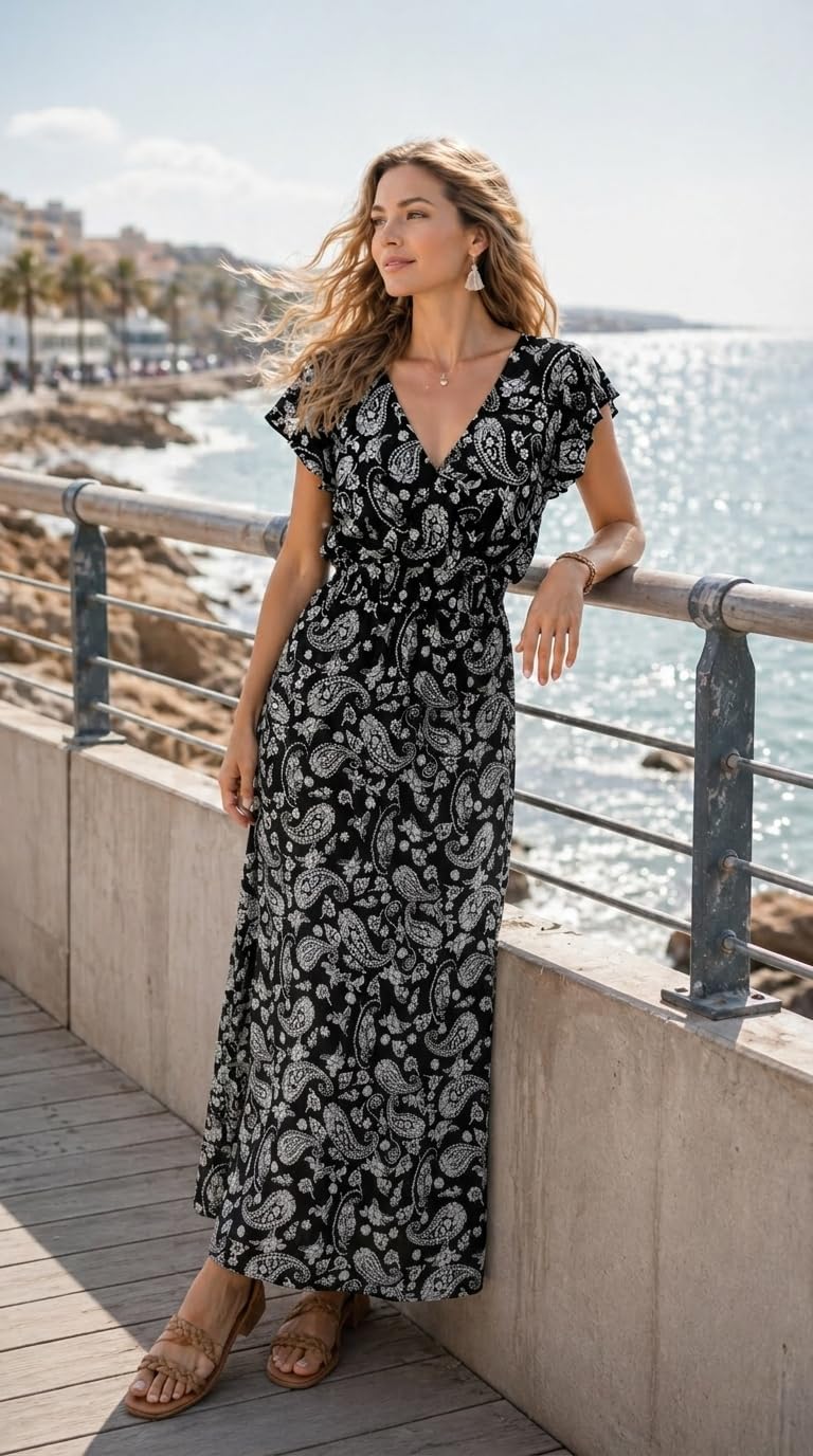 YUTILA Maxi abito estivo da donna, in viscosa, maniche con volant, scollo a V, abito da spiaggia, con motivo floreale, leggero e arioso con vita elasticizzata