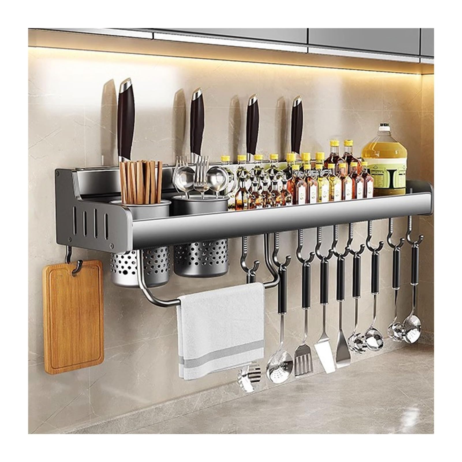 GLJTUO Wall-Mounted Spice Rack, No Drill, Adjustable Hooks, Kitchen Utensil Holder & Knife Storage for an nized Cooking Space - Perfect for Home Chefs! (70cm),70cm- 2 cups-10 hooks