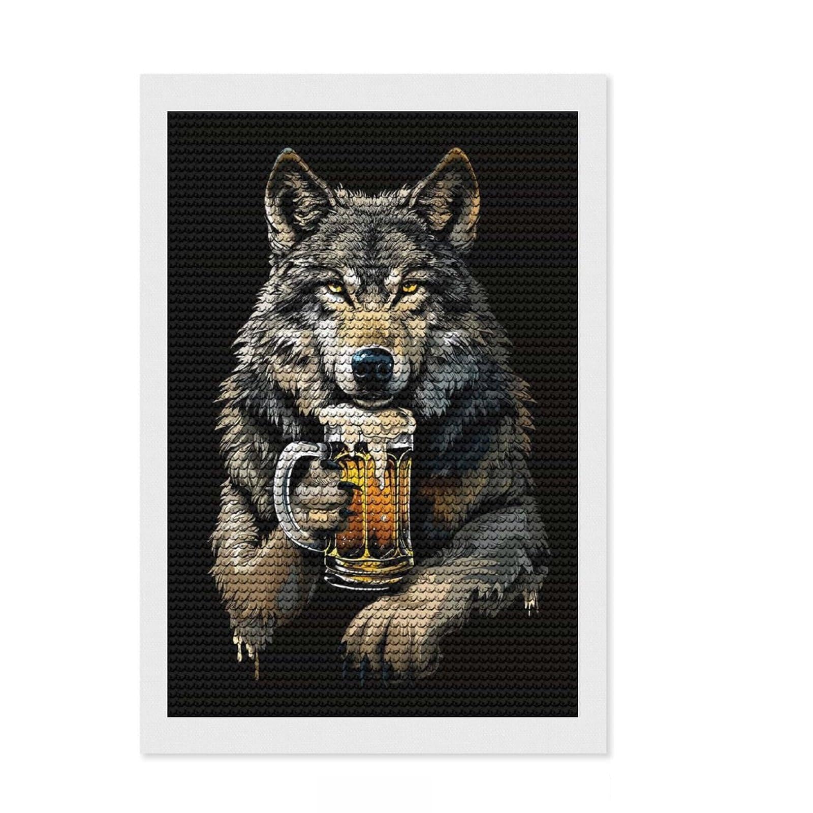 Junmoney Wolf Beer Round Drill Diamond Painting 8"x12", Mindful Craft Activity, Simple to Start, Bedroom Decor, Holiday Gift Idea