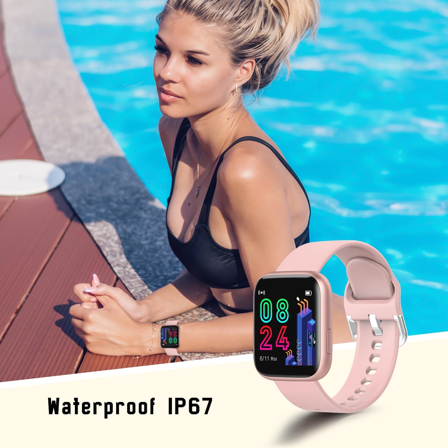 Woman by pool wearing smart watch, highlighting IP67 waterproof feature