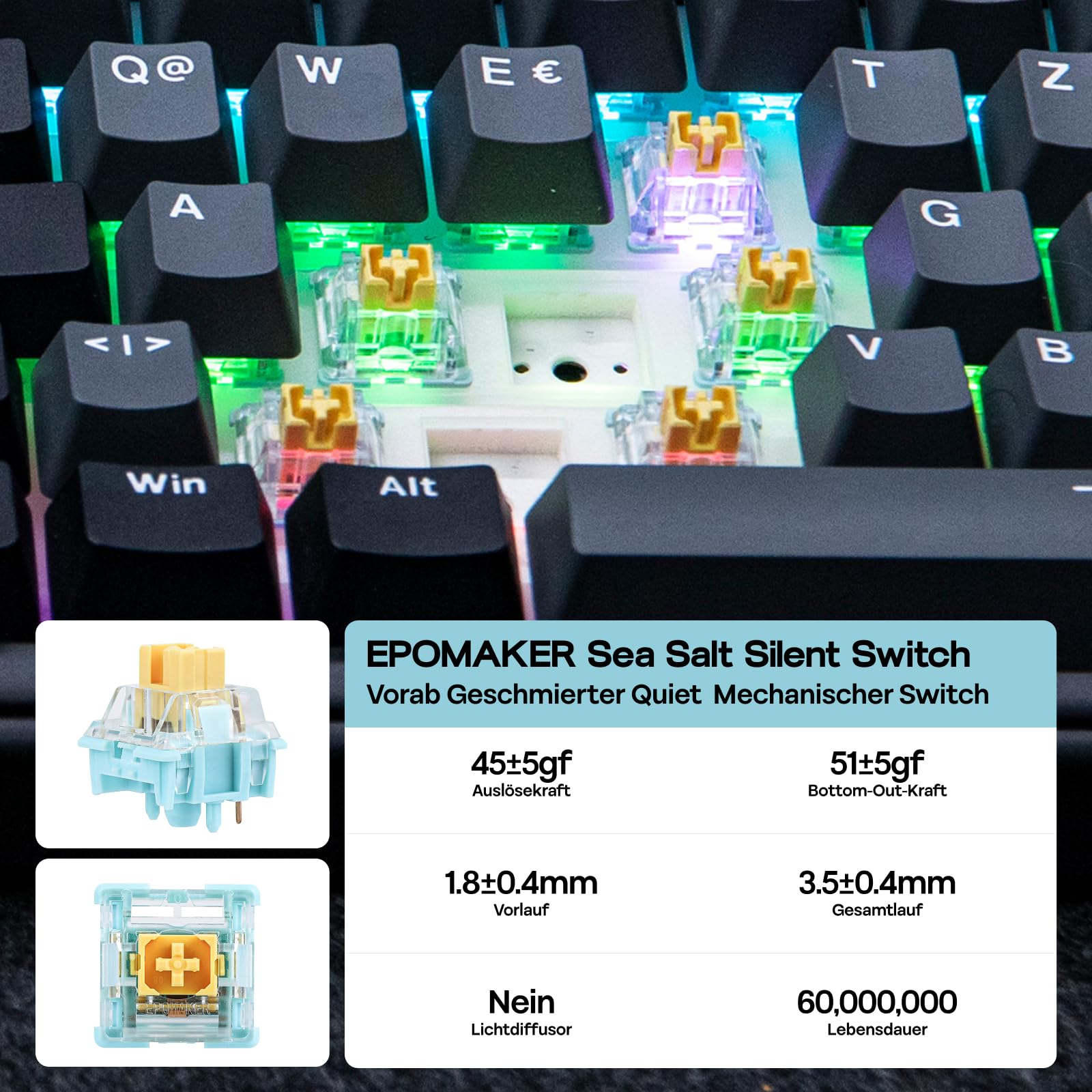 EPOMAKER TH99-ISO-DE German Layout QWERTZ Mechanical Keyboard Wireless, 96% Gaming Keyboard with Numpad, Hot-Swap, RGB, Gasket, BT/2.4G/USB-C, Programming Software (Black, Sea Salt Silent V2)