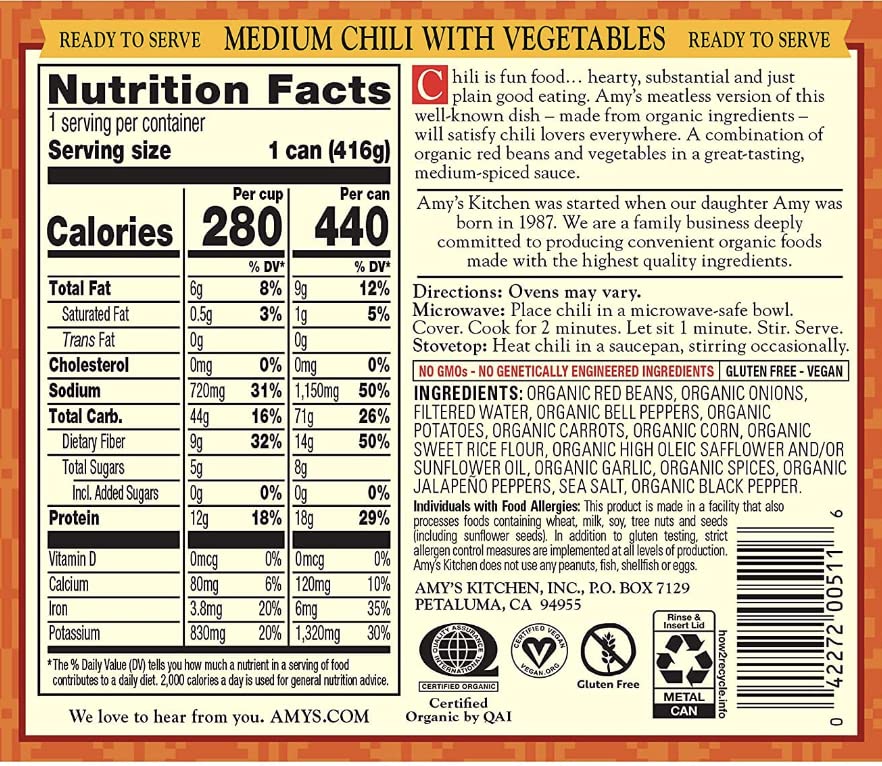 Miniatura 3 de Amy's Chile con verduras, especias medianas, sin gluten y chile vegetariano orgánico, 14.7 onzas (paquete de 6)