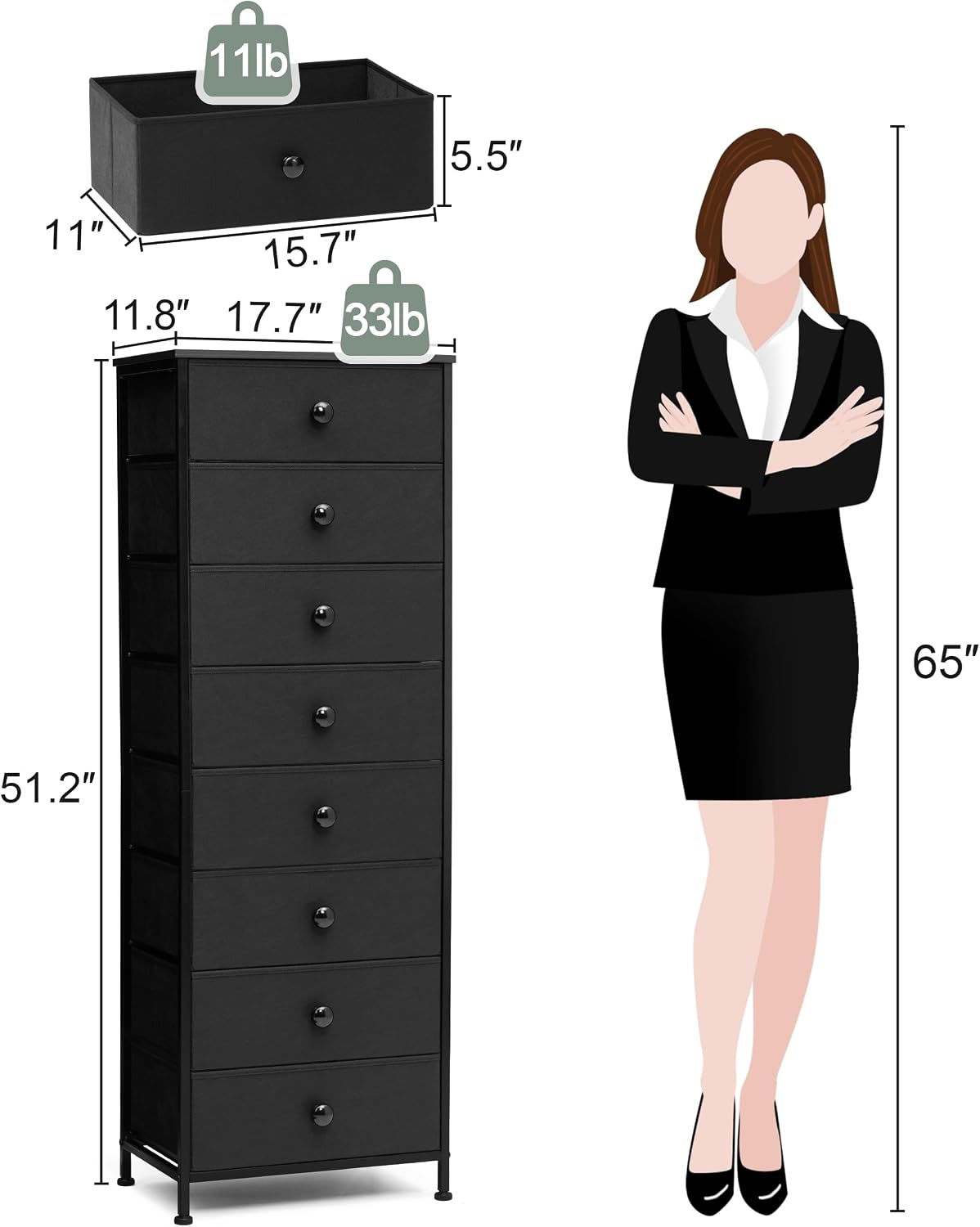 Crestlive Products Tall Dresser, 8-Drawer Fabirc Storage Tower, Chests of Drawers - Vertical Organizer Unit for Bedroom, Hallway, Entryway, Nursery, Closets - Steel Frame, Wood Top & Handles (Black)