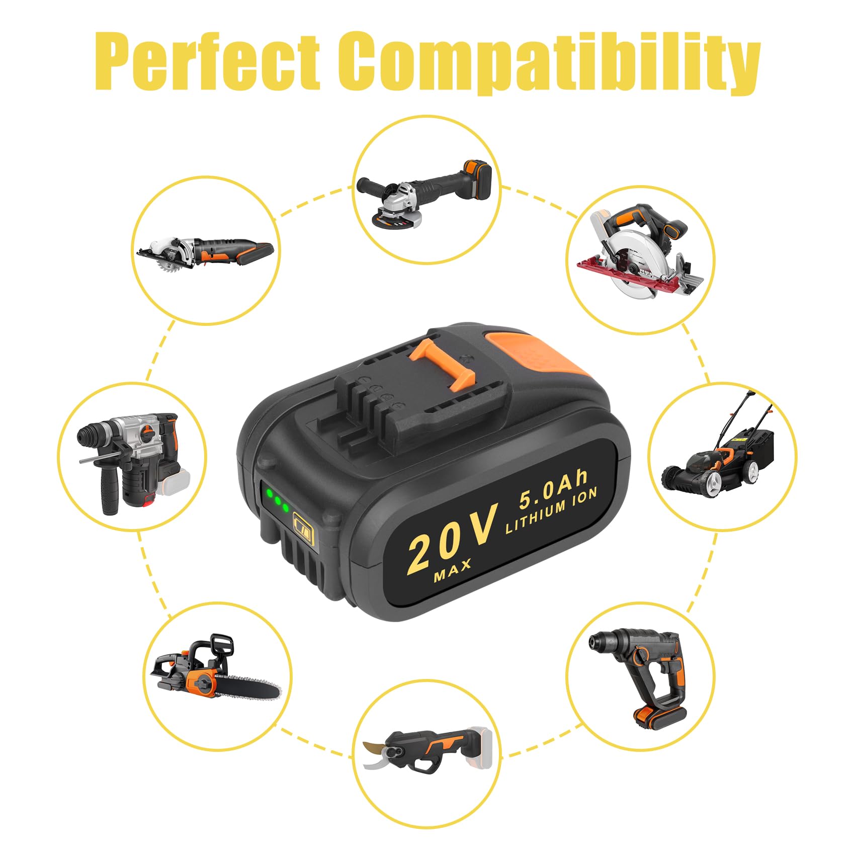 2X 5.0Ah Batterie de Remplacement pour Worx 20V Batterie Lithium Batterie Compaitble pour Worx 20 Volt WA3551 WA3553 WA3572 WA3641 WX390 WX176 WX178 Batterie