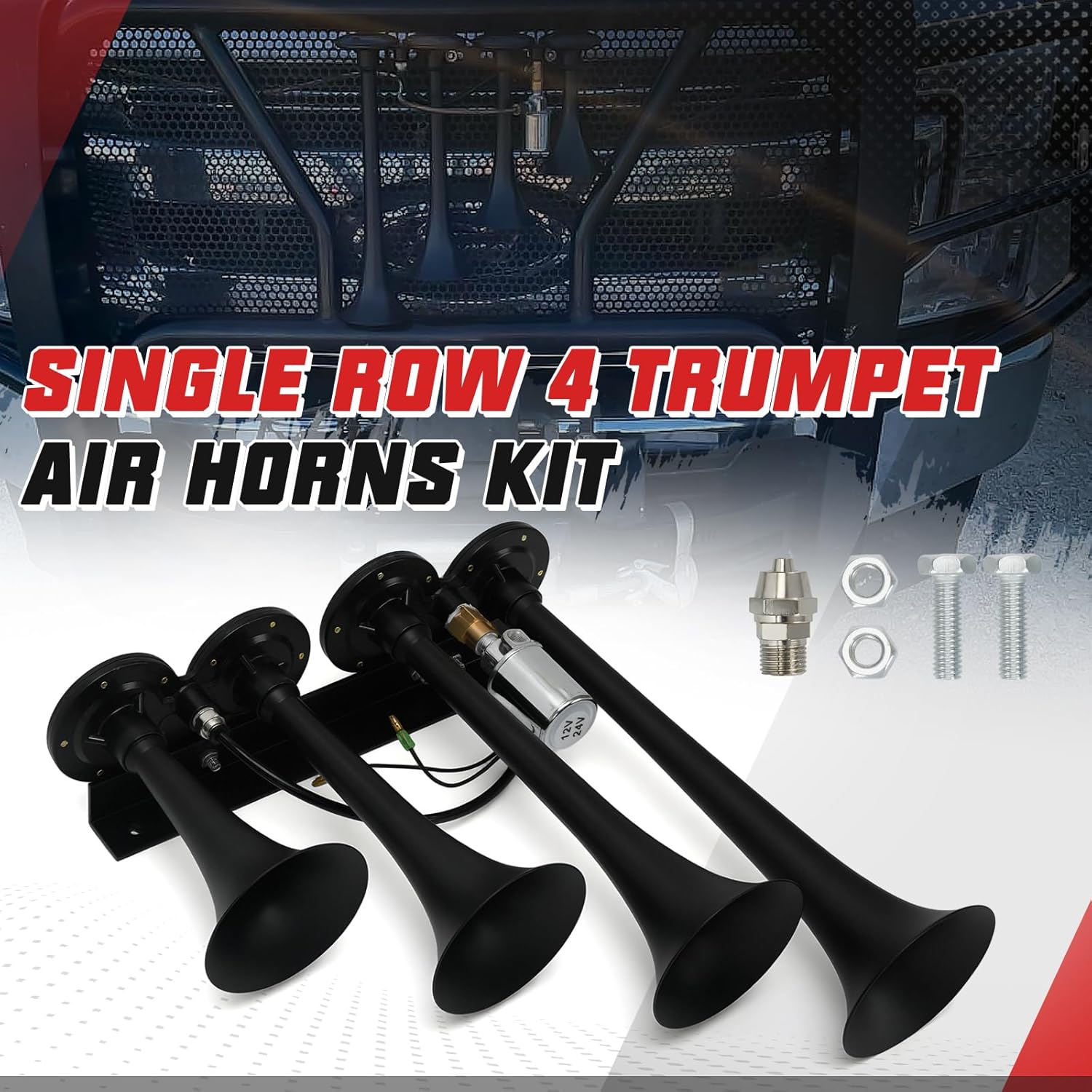 PTNHZ Single Row 4 Trumpet Air Horns Kit w/Electric Solenoid & Mounting Hardware 12V/24V Super Loud 178dB Universal for Pickup Car Jeep SUV Train Boat(Black)
