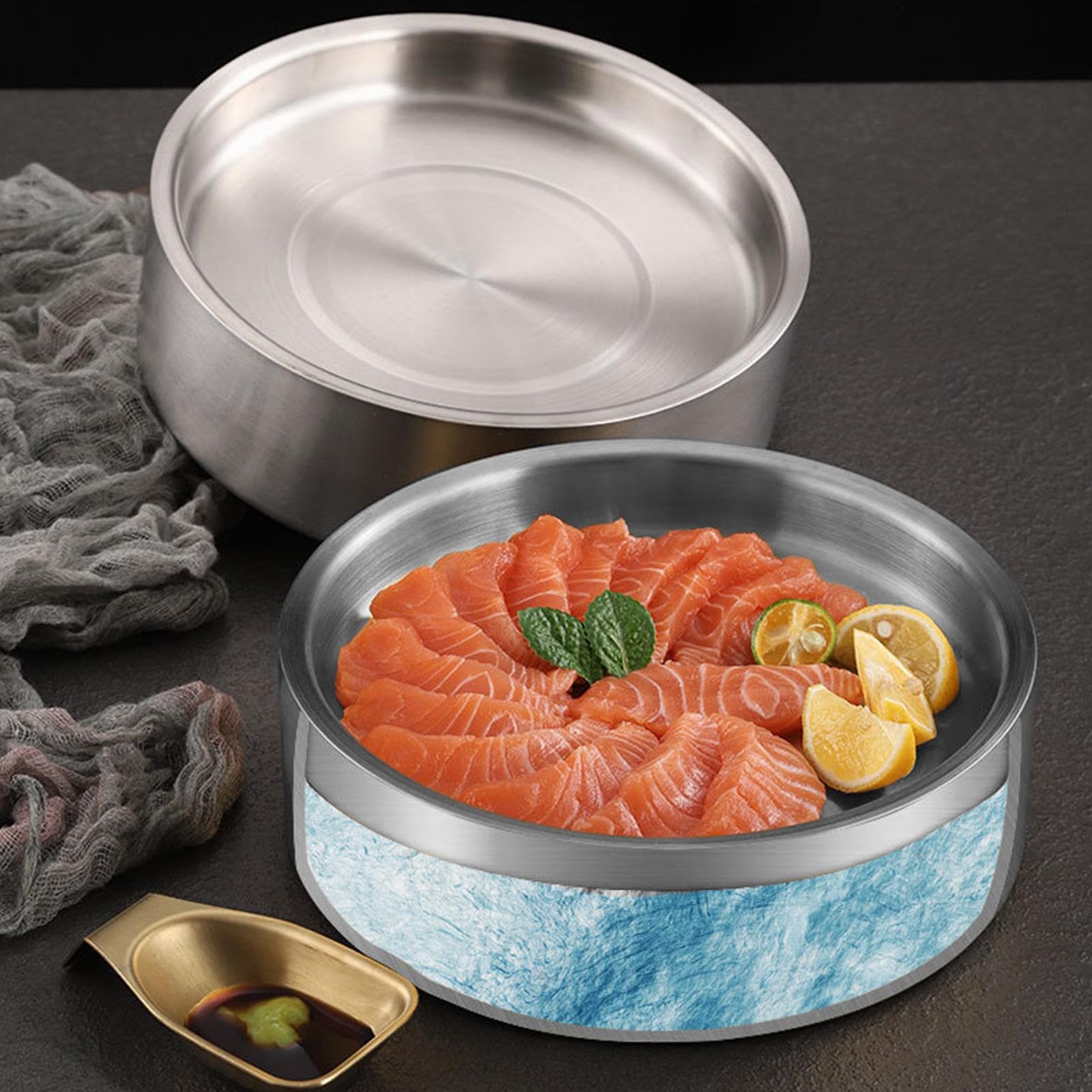 Ciotola da portata refrigerata, vassoio per ghiaccio in acciaio inox, vassoio freddo per antipasti, frutta, salmone, gamberetti, cocktail