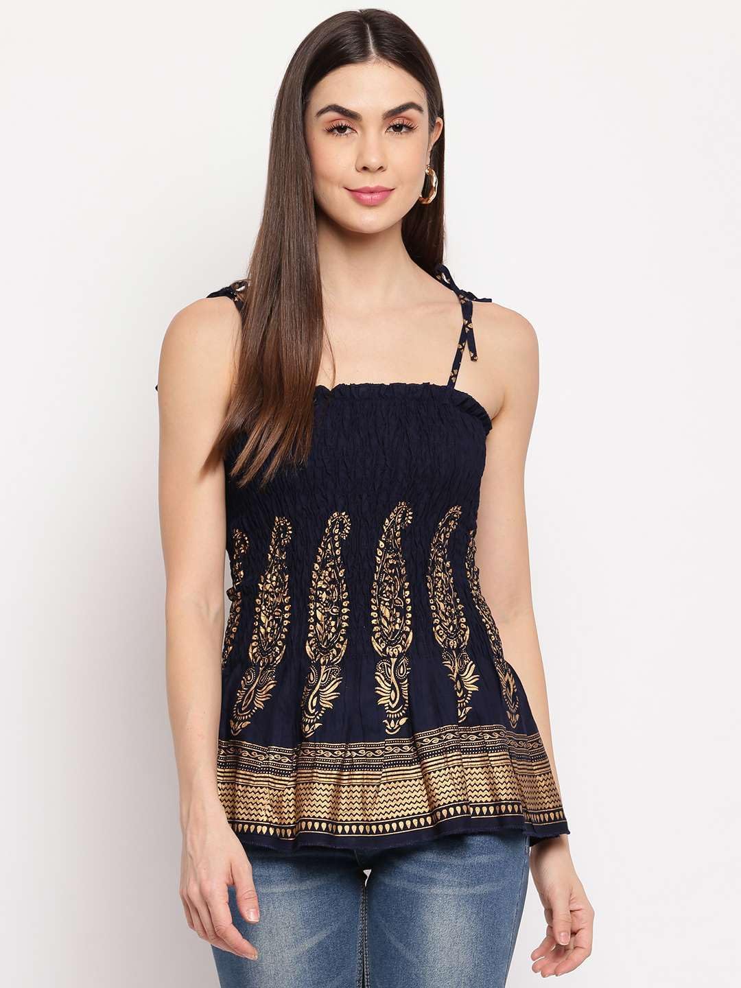 Bigdave Women's Rayon Buta Printed Casual Summer Style Tie Shoulder Straps Free Size Tank Top (Navy Blue Gold Pattern)