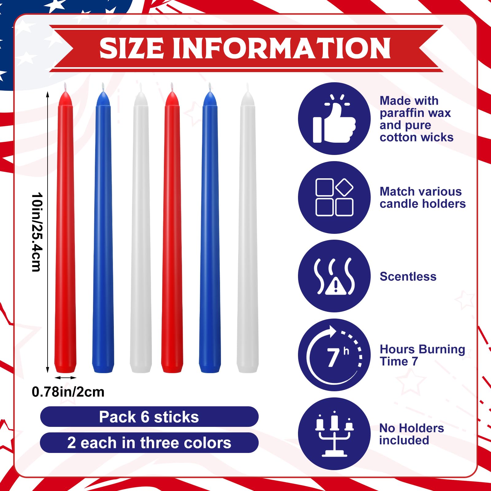 Conelist 6 Pcs 4th of July Taper Candles 10 Inch Red White and Blue Taper Candles Patriotic Unscented Smokeless Candlesticks for Independence Day 4th of July Home Dining Party Decor