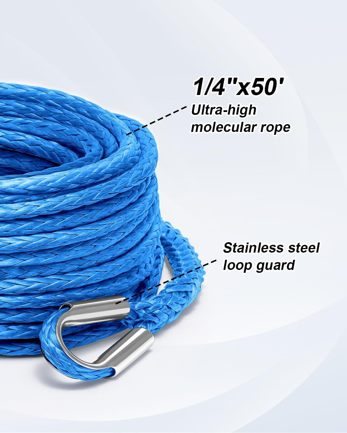 Kolvoii Winch Rope Extension 1/4 Inch x 50 Ft 10,000 Lbs, Synthetic Winch Extension Line Cable for Off Road Vehicle ATV UTV Truck etc (Blue)