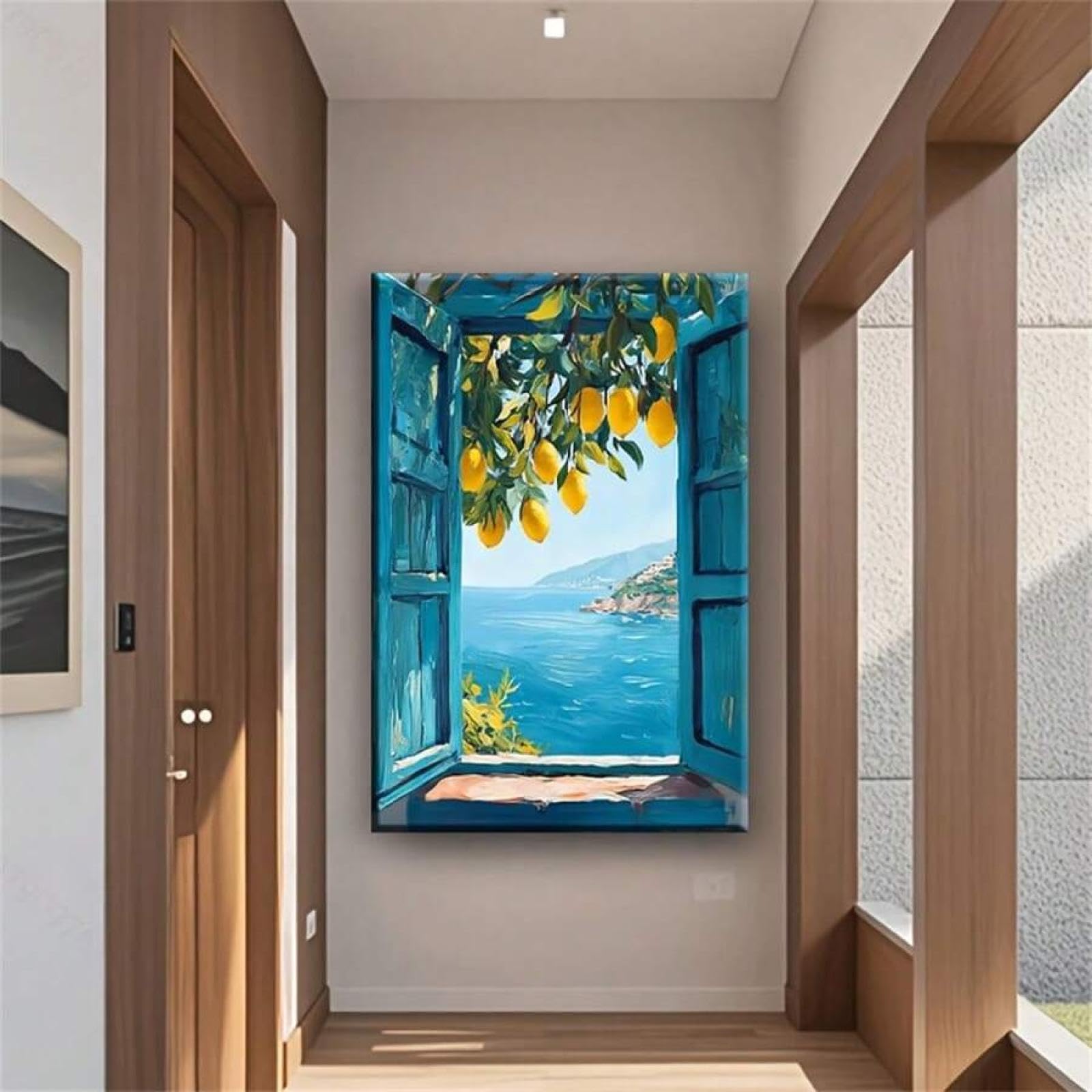 XBTYKPB Cuadros de pared con vistas al Mediterráneo, impresiones de limoneros costeros, lienzos, pósteres costeros, estética azul, 21 x 30 cm, con marco