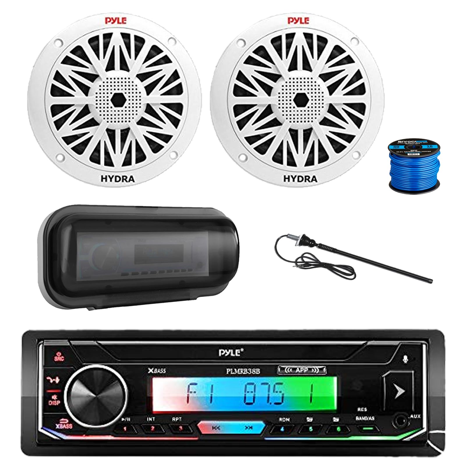Pyle PLMRB38B Marine Single DIN USB Bluetooth AM/FM Stereo Receiver, Radio Cover, 2X 6.5 200 Watt Peak Full Range 2-Way Waterproof Audio Speakers w/Wire, Long Range Antenna