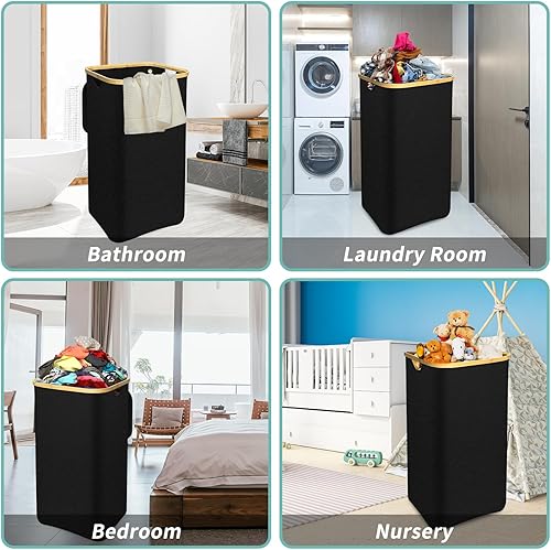 Miniatura 7 de Cesta de lavandería con ruedas  Cesta grande para la ropa sucia con bolsa extraíble, cesta plegable para ropa sucia con asas, cesta de bambú Oxford