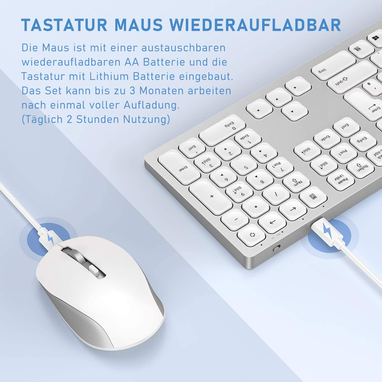 Tastiera E Mouse Wireless Combinati, 2.4 GHz, Sottile E Impermeabile, Con 12 Tasti Multimediali, Per PC E Computer, Colore Argento - 3