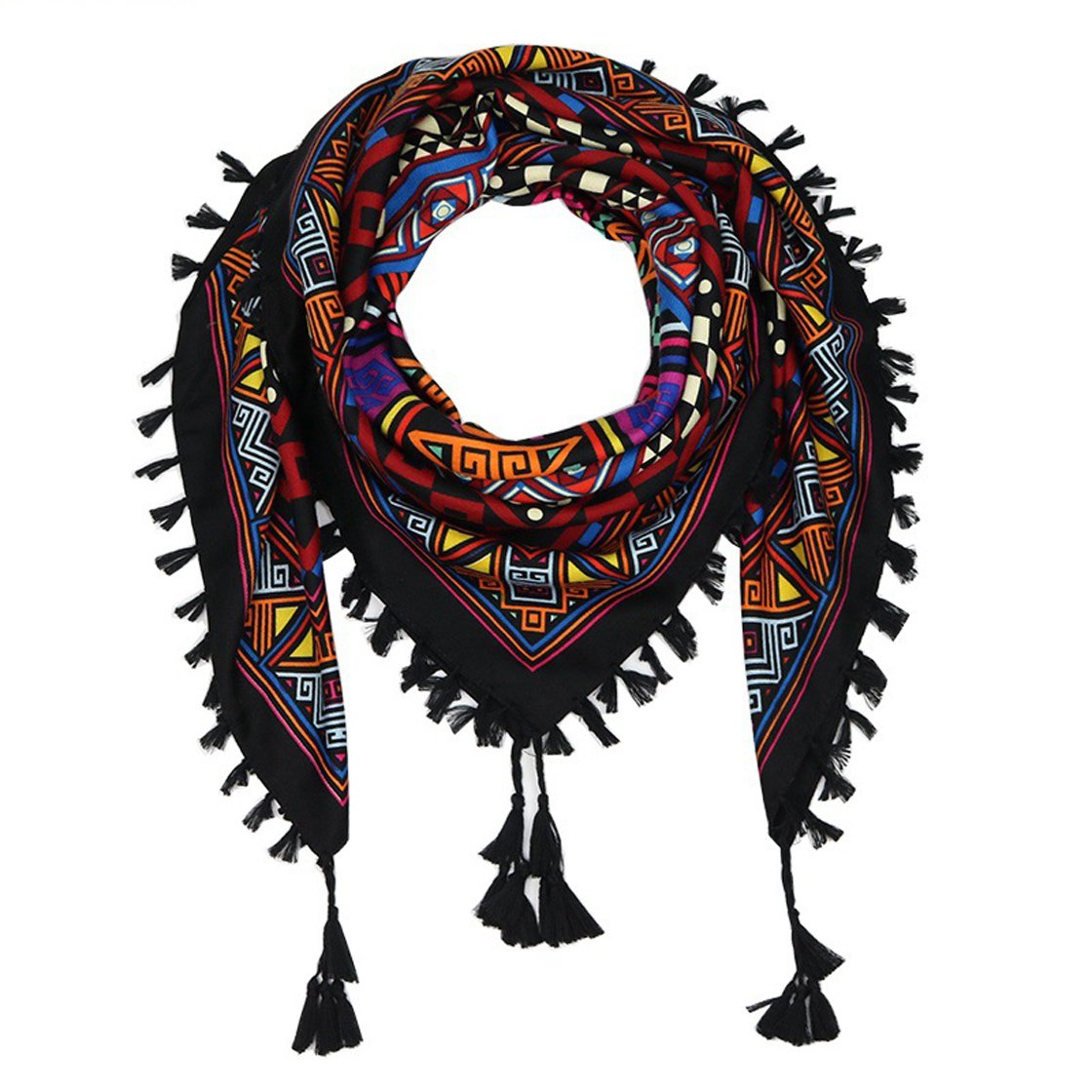 Nuofengkudu Women's Red Scarf Retro Floral Ethnic Print Large Square Neck Warmer Shawls With Tassel Spring Wraps 110 * 110Cm (Red)