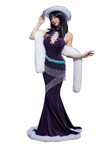 haikyuu Women Nico Costume Dress with Shawl and Hat Winter Gown Christmas Cosplay Halter Neck Fishtail - Purple - Small