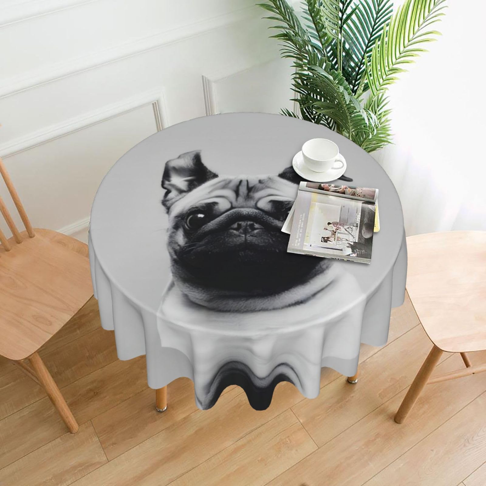 WHJSSF Pug Prints Round Decorative Table Throw 60 Inch – Waterproof Table Cover for Dining, Coffee Tables, and Outdoor Events