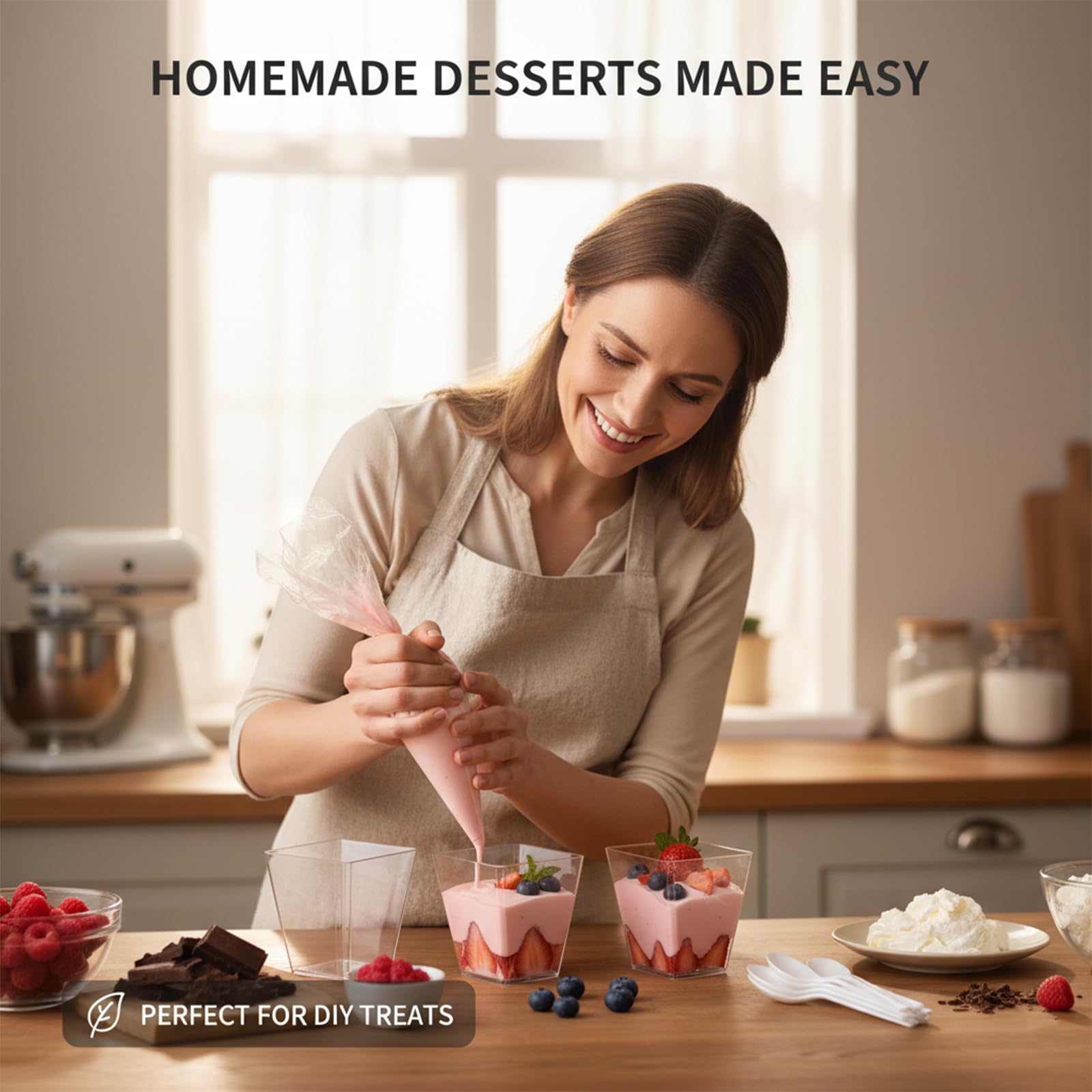 50 Pezzi Coppe da Dessert in Plastica Riutilizzabile, 160ml Tazze Quadrate Trasparenti con Forchette per Semifreddo, Antipasto - Scatole Portata Sicure senza BPA per Feste, Casa