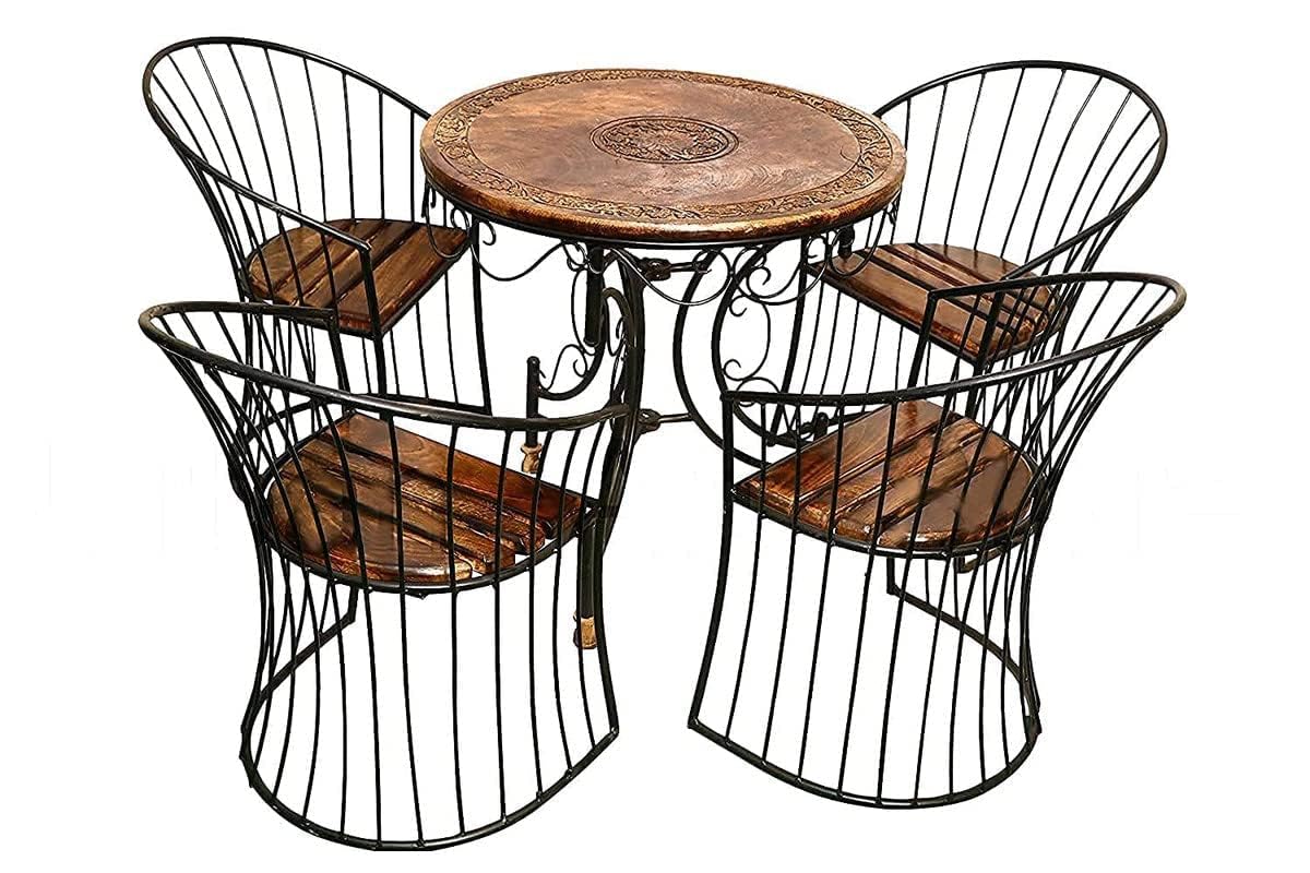 FurniRich Wooden & Wrought Iron Outdoor Set (4 Chairs + 1 Folding Table) Folding Table with 4 Chair Set (Style- 5)