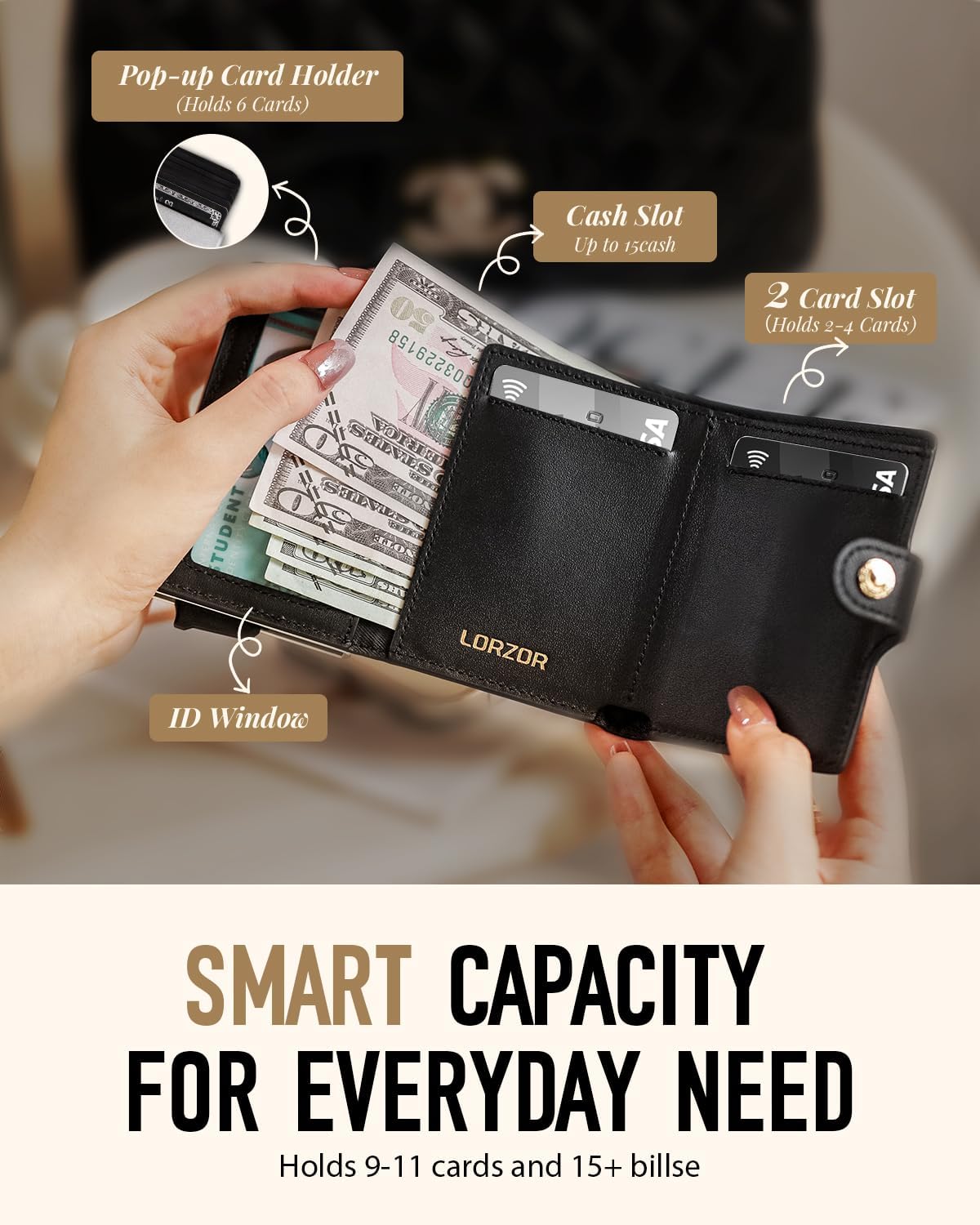 Women Wallet RFID Blocking Wallet for Women, Slim Small Size, Top Grain Leather, Pop up Credit Card Holder, Trifold, Minimalist, Black Saffiano 9-11 Cards Capacity ID Window Cash Pocket,Gift for Her