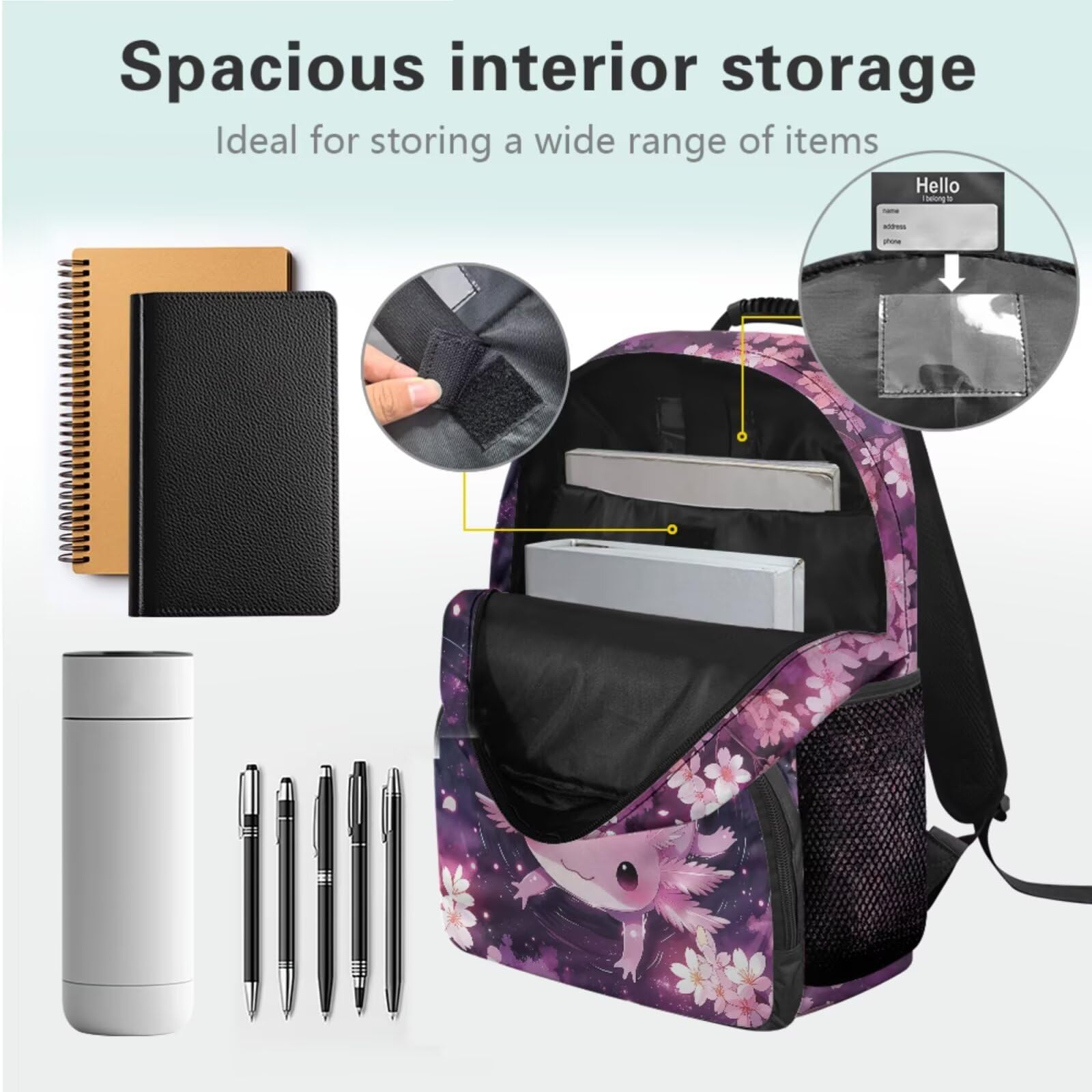 COEQINE Zaino scolastico per ragazze 6-8-10-12 con portapranzo e grande astuccio portachiavi, borsa per laptop per libri elementari, 5 pezzi, Axolotl Galassia Viola