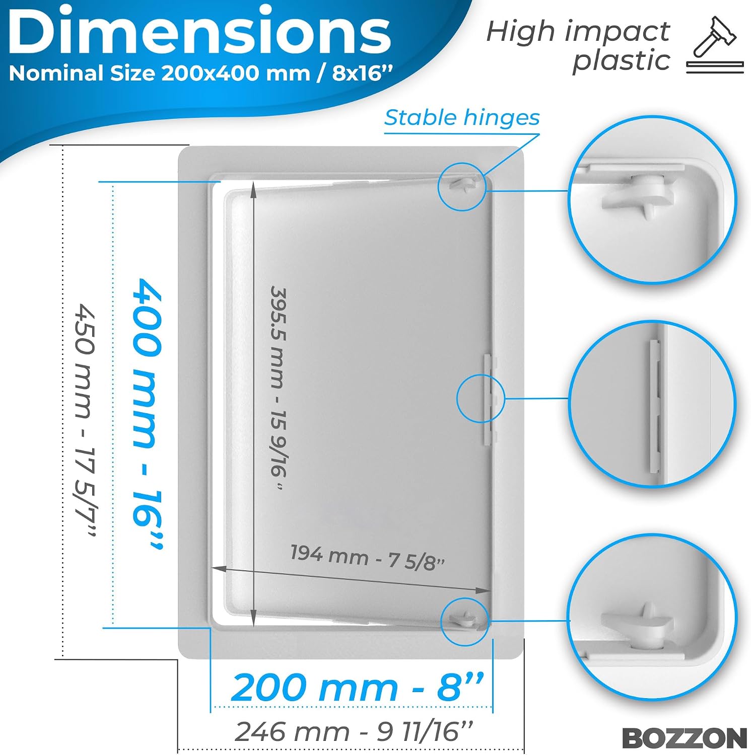 BOZZON Access Panel for Drywall - 8 x 16 in - Wall Hole Cover - Access Door - Plumbing Access Panel for Drywall - Heavy Durable Plastic White image 2