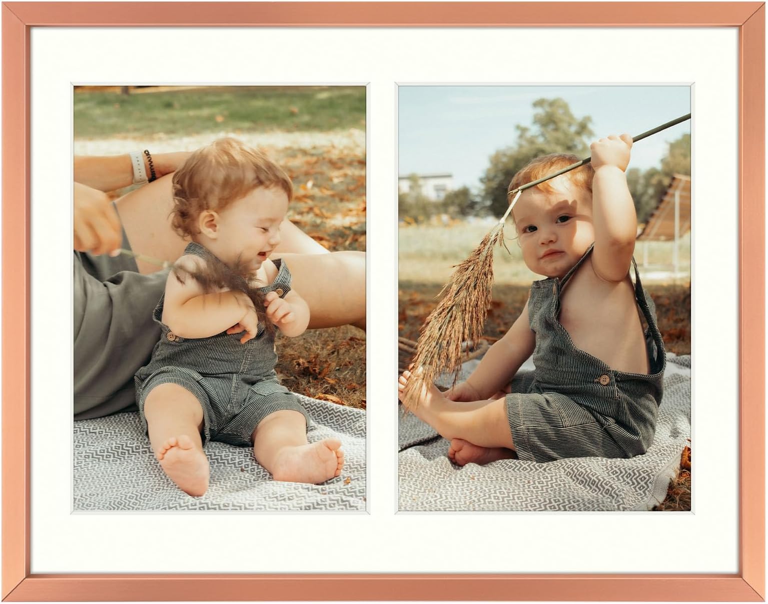 Golden State Art, 5x7 Aluminum Collage Frame, Displays 7x5 Pictures With 2 Openings Mat or One 8.5x11 Photo, Real Glass, Portrait/Landscape Wall/Tabletop Display, Rose Gold, 1 Pack