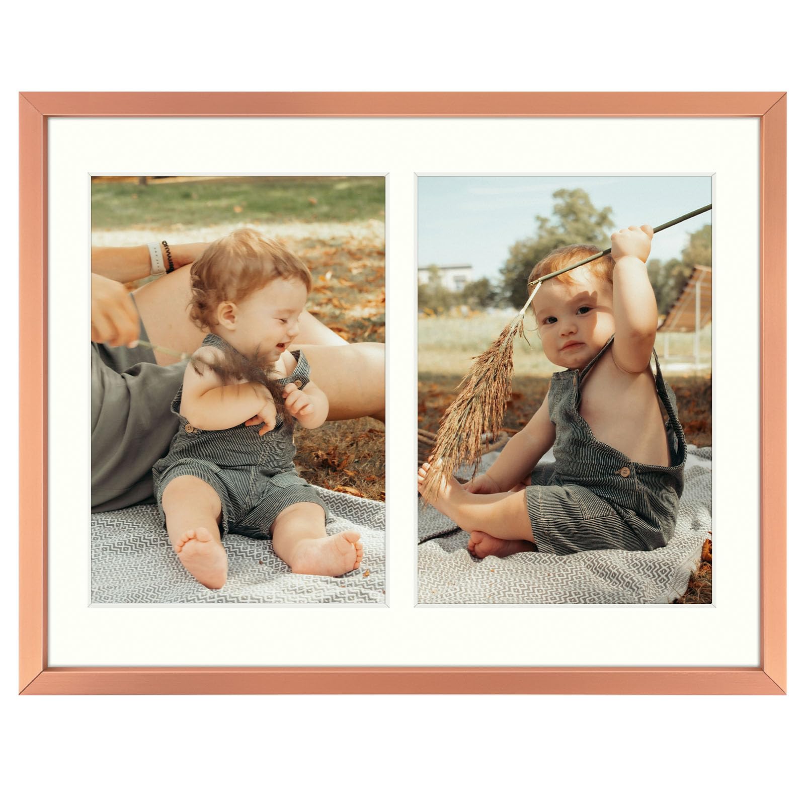 Golden State Art, 5x7 Aluminum Collage Frame, Displays 7x5 Pictures With 2 Openings Mat or One 8.5x11 Photo, Real Glass, Portrait/Landscape Wall/Tabletop Display, Rose Gold, 1 Pack