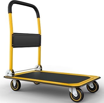 Heavy Duty Foldable Push Cart Dolly | 660 lbs. Capacity | Upgraded Collapsible Hand Truck Folding Platform with Swivel Wheels | Flat Bed Moving Wagon | Space Saving Push Handle Yellow