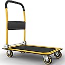 Heavy Duty Foldable Push Cart Dolly | 660 lbs. Capacity | Upgraded Collapsible Hand Truck Folding Platform with Swivel Wheels | Flat Bed Moving Wagon | Space Saving Push Handle (Yellow)