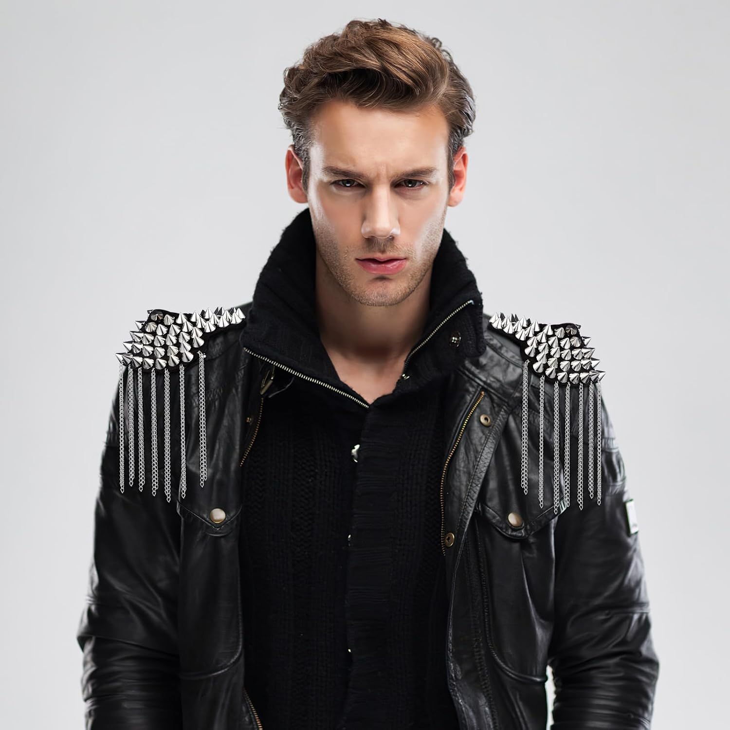 PRETYZOOM Shoulder Epaulet Tassel Rivet Shoulder Badge Rhinestone Silver Chain Fashion Metal Epaulettes Brooch Pins for Men and Women Uniform Accessories
