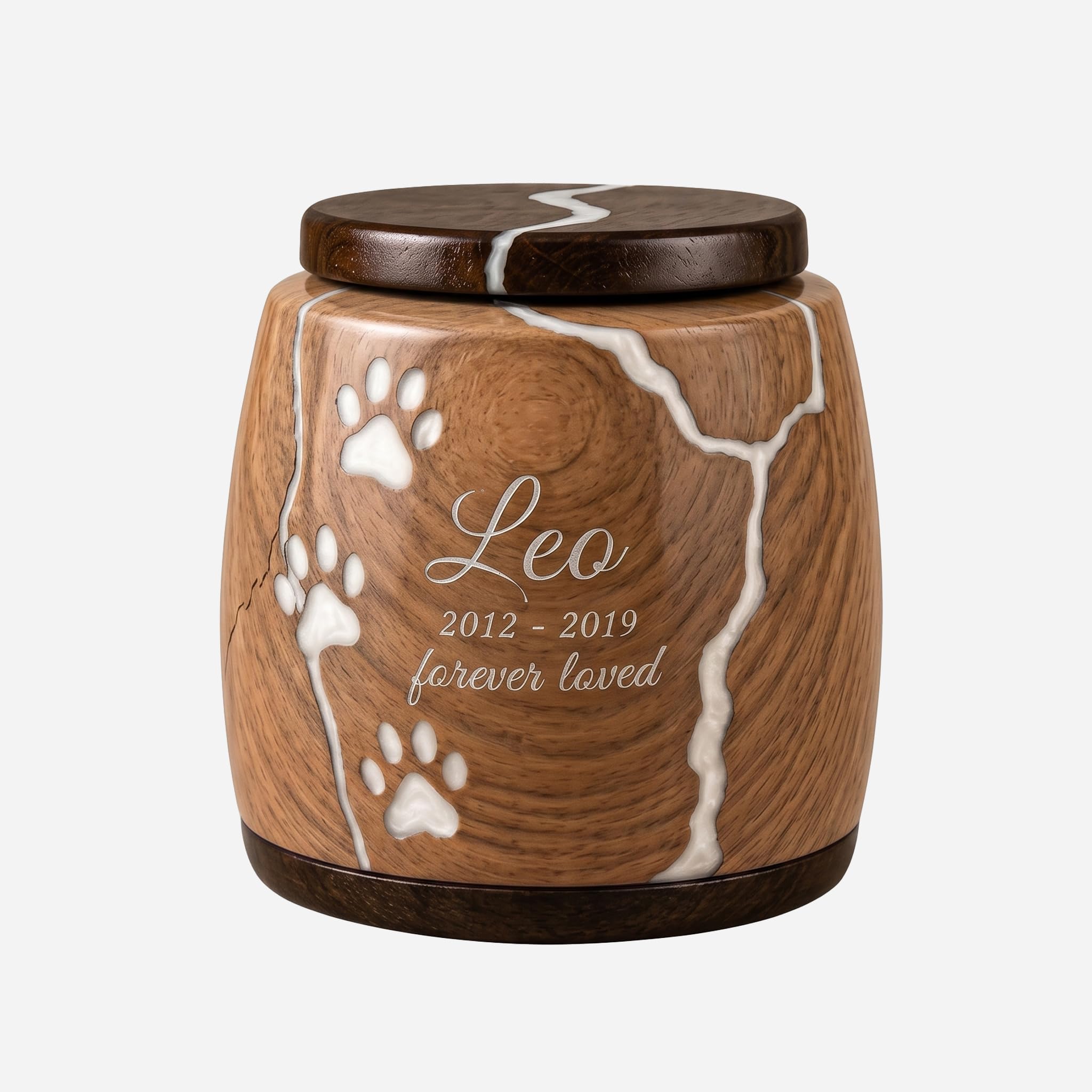 Personalized Pet Urn - Handcrafted Solid Wood Dog Urn, Memorial Keepsake Urn - Resin Inaly Engraved Urns for Ashes, Cremation Urns, Funeral Urn (White)