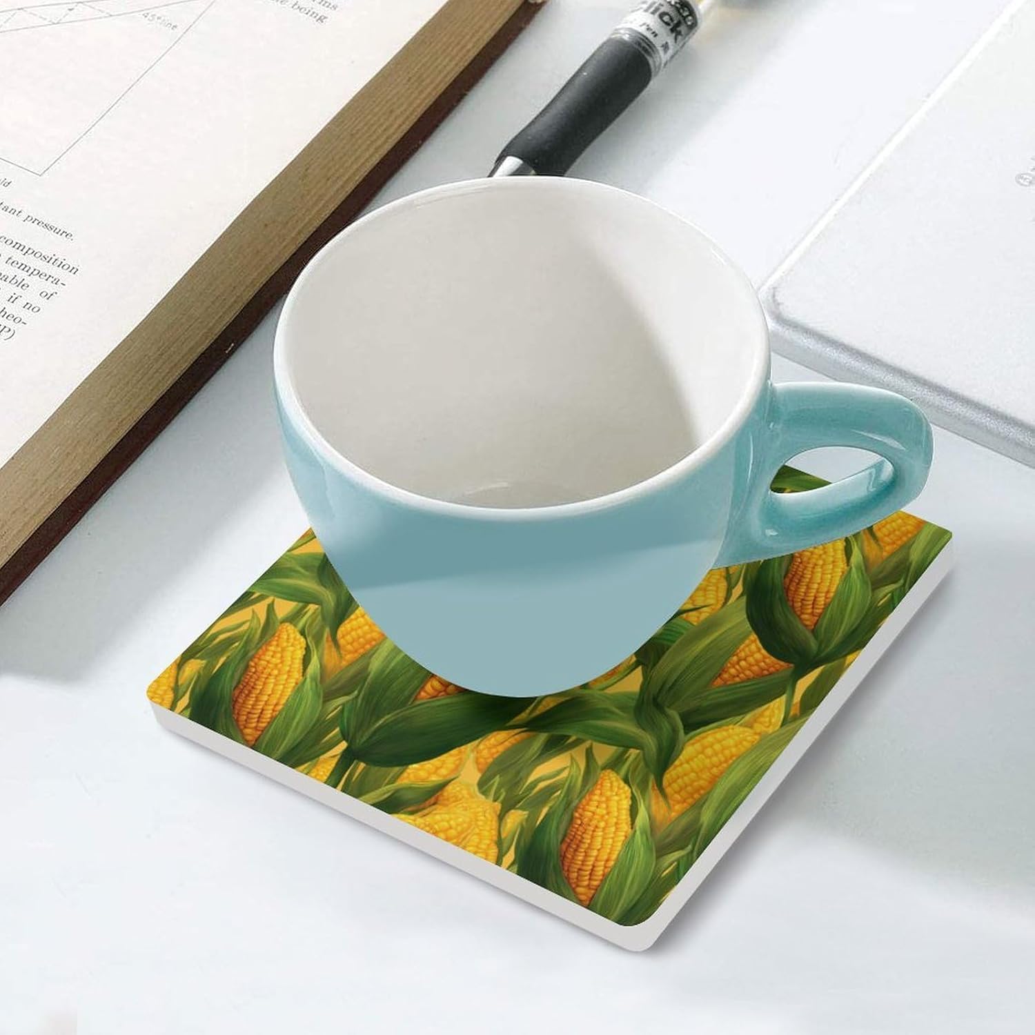 Corn Print Coaster for Drinks Square Ceramic Table Coasters Stone Mat Crafts 4PCS Home Kitchen Decor