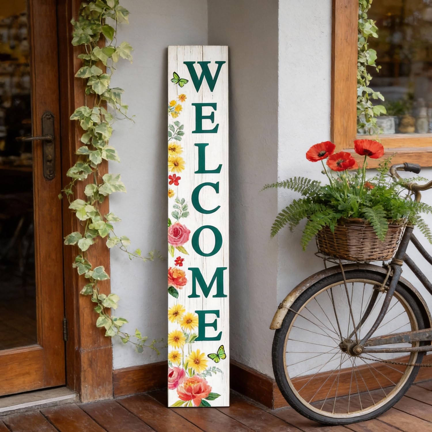 Welcome Sign for Front Door: 47" Wood Framed Spring Flower Decorations Porch Sigh with Hanging Rope, Farmhouse Hanging Standing Porch Leaner Signs for Home Outdoor