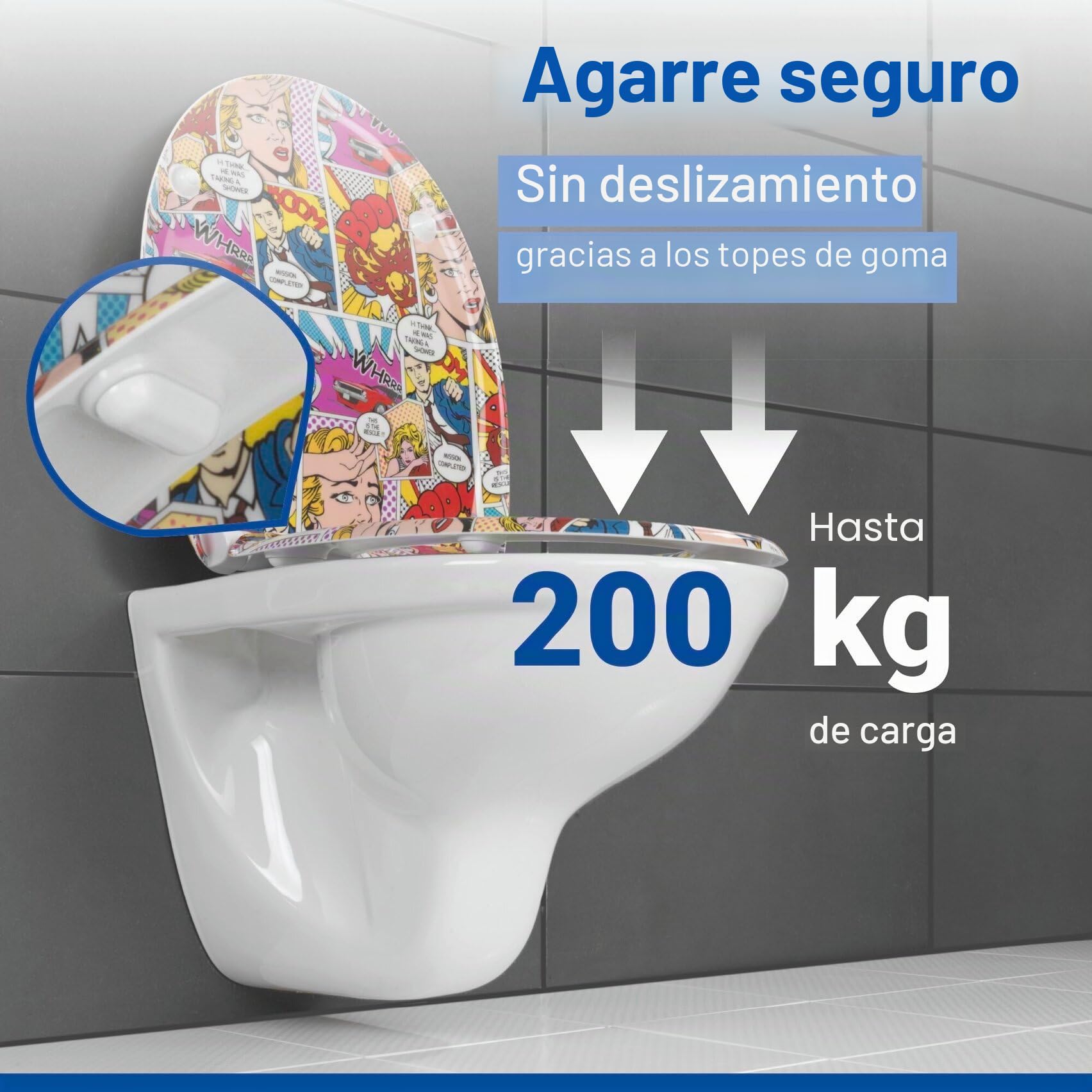 WENKO Tapa de WC Pop-Art - antibacteriano, dispositivo automático de descenso, sujeción higiénica Fix-Clip, Duroplast, 38 x 45 cm, Multicolor