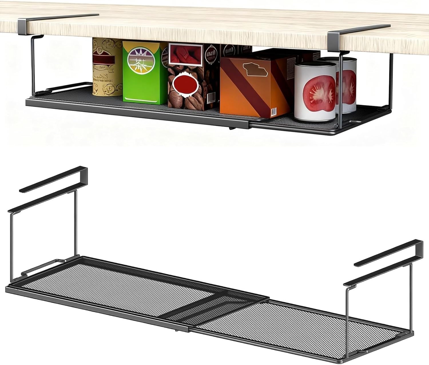 Retractable Under Shelf Basket Storage, Black Metal Under Cabinet Organizer, Under Shelf Hanging Rack for Kitchen Space Saving, Expandable Shelf for Pantry