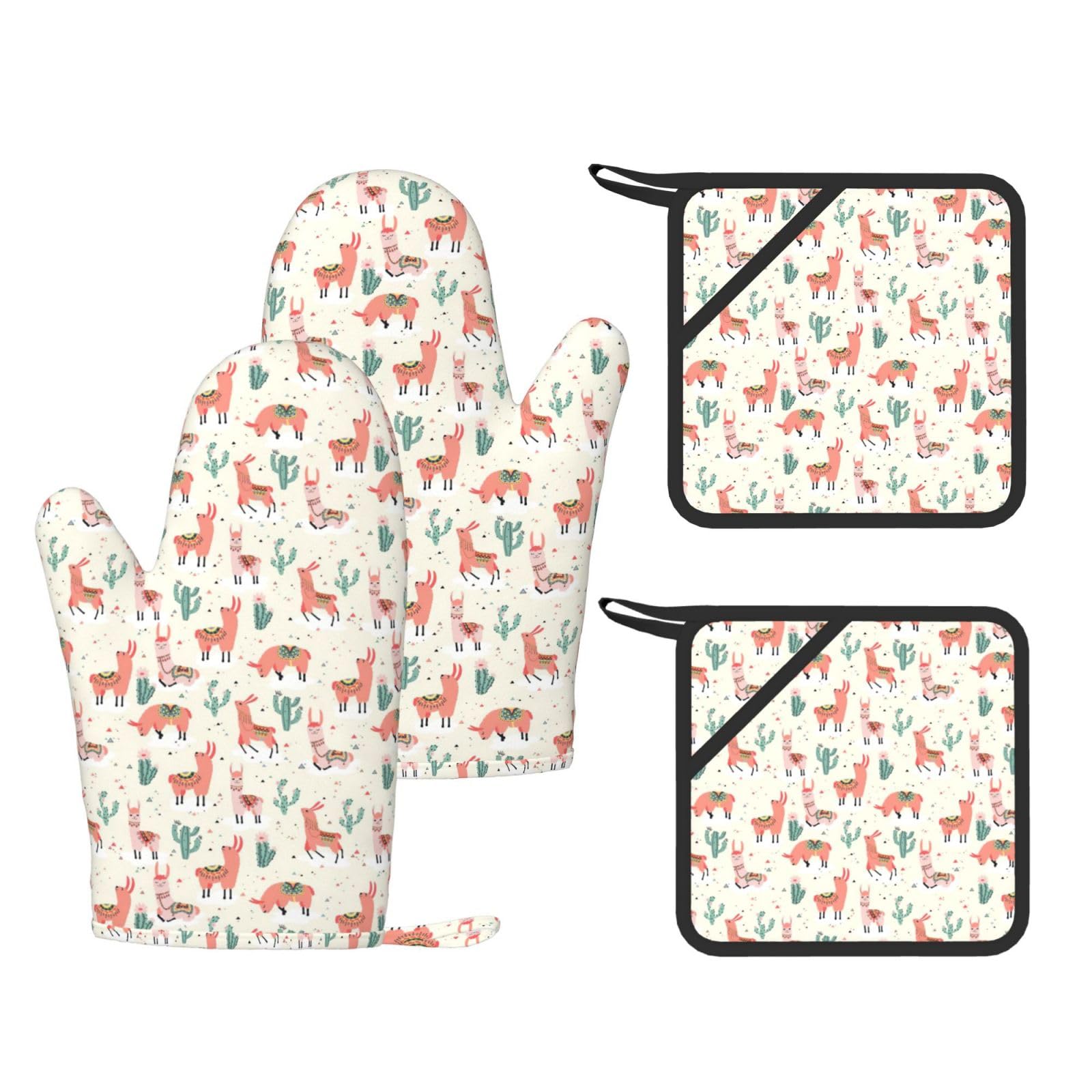 Pink camel cactus Fashion Printed Kitchen Kit with Heat Resistant Oven Mitts & Non-Slip Hot Pads for Baking