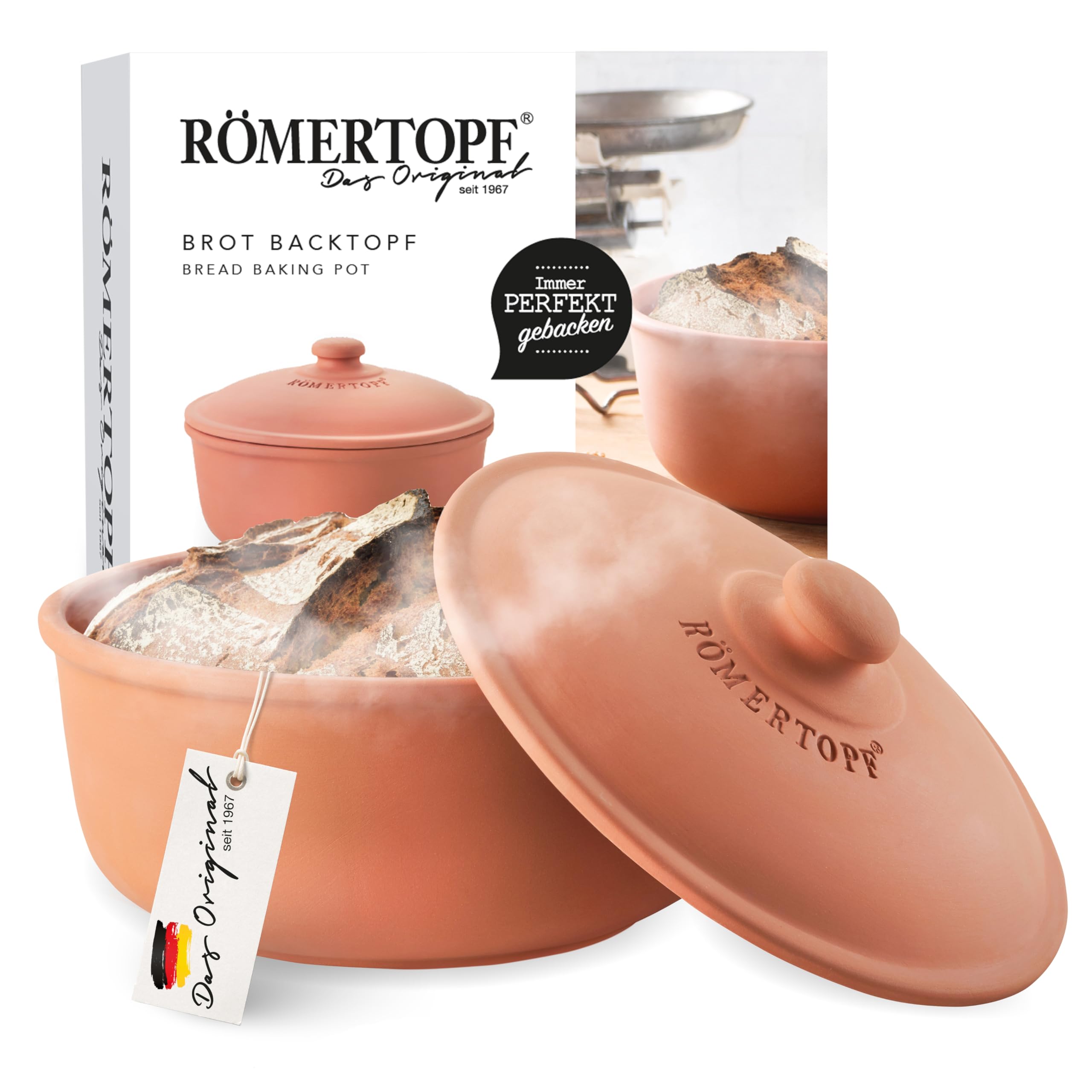 Römertopf – Fuente redonda de cerámica para hornear pan, Ø 23 cm, para pan casero con corteza crujiente, color terracota