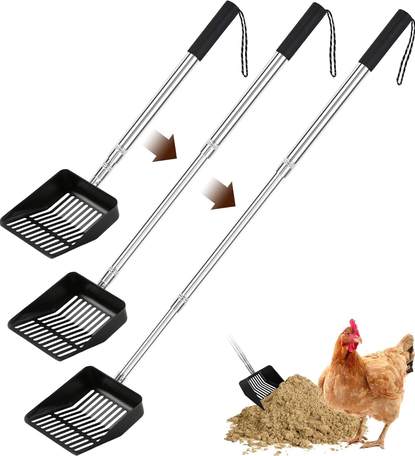 Hühnerkotschaufel & Rechen 2-in-1 – 25,4 Cm Metallschaufel Mit Verstellbarem Edelstahlgriff (88,9–157,5 Cm), Für Stallreinigung