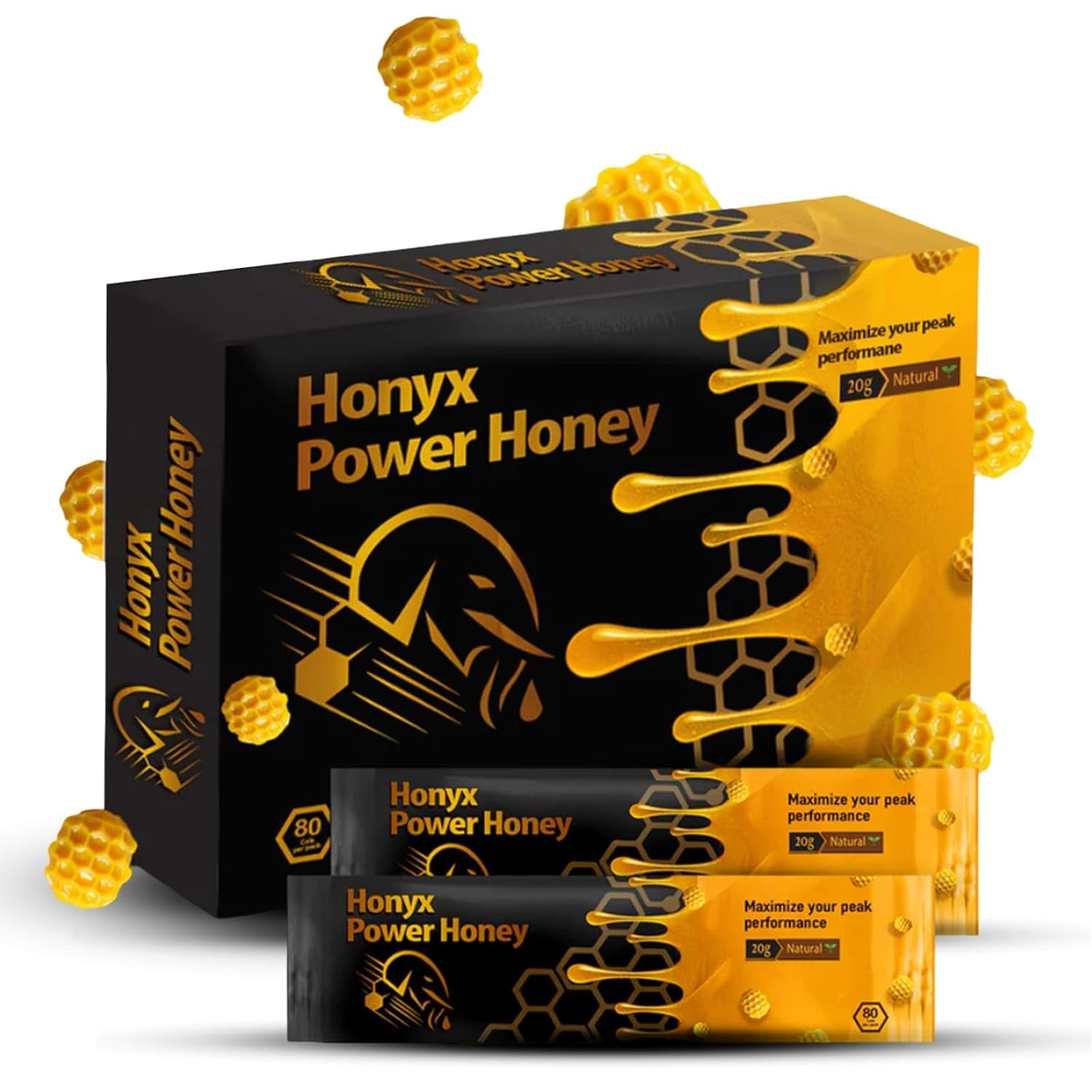 Honyx Honey Sticks 20g - Raw Organic Honey for Men with Black Ginger, Maca, Ginseng & Vitamin C - Travel Pack Individual Sticks ( Box of 10 )