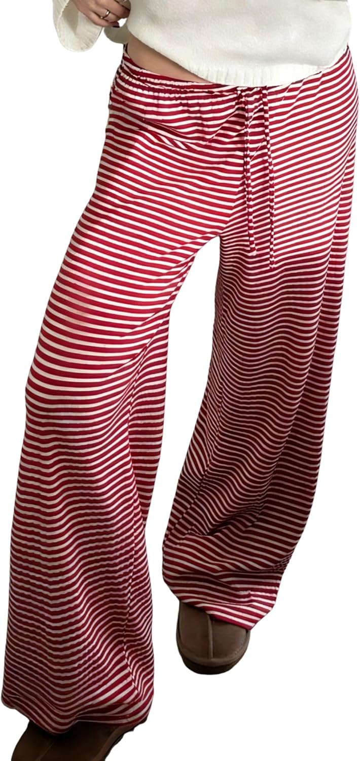 Womens Comfy Pajama Pants Striped Low Waisted Lounge Pants Elastic Waist Drawstring Long Trousers