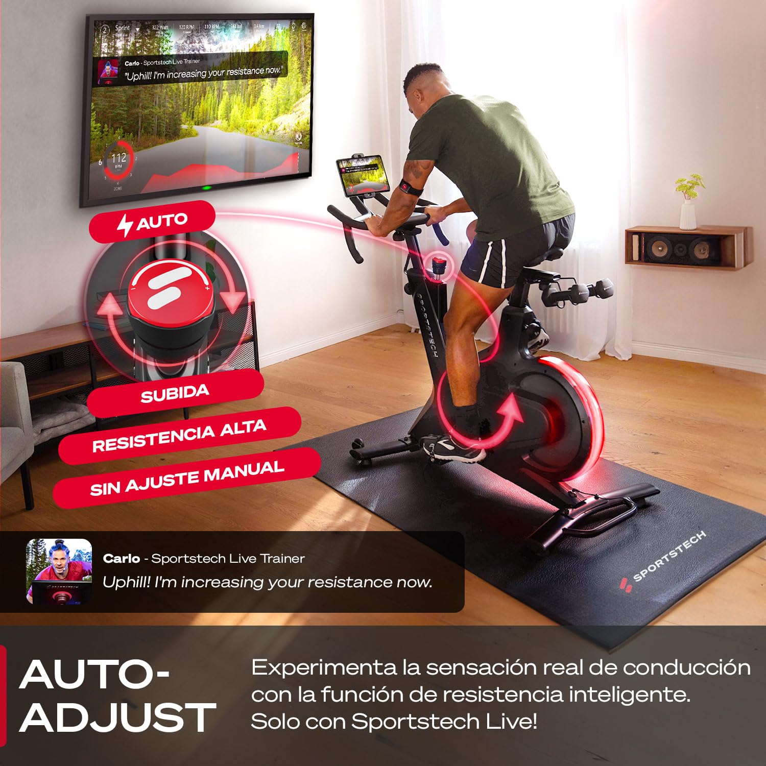 Sportstech sBike Lite - Bicicleta estática inteligente con LED + aplicación con cursos en vivo y bajo demanda y soporte de tableta de 360° para entrenamiento completo del cuerpo, ergómetro para